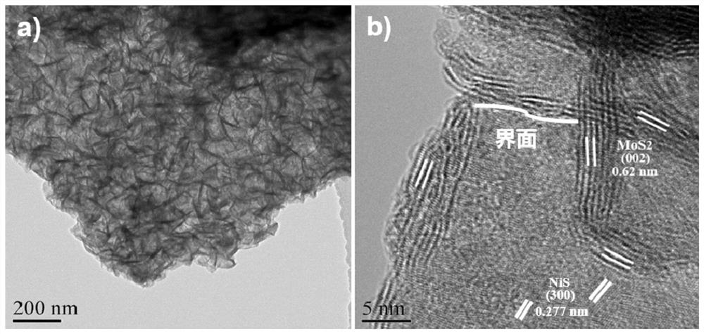 1T-MoS2/NiS heterogeneous interface structure catalyst for electro-catalytic hydrogen evolution as well as preparation method and application of 1T-MoS2/NiS heterogeneous interface structure catalyst