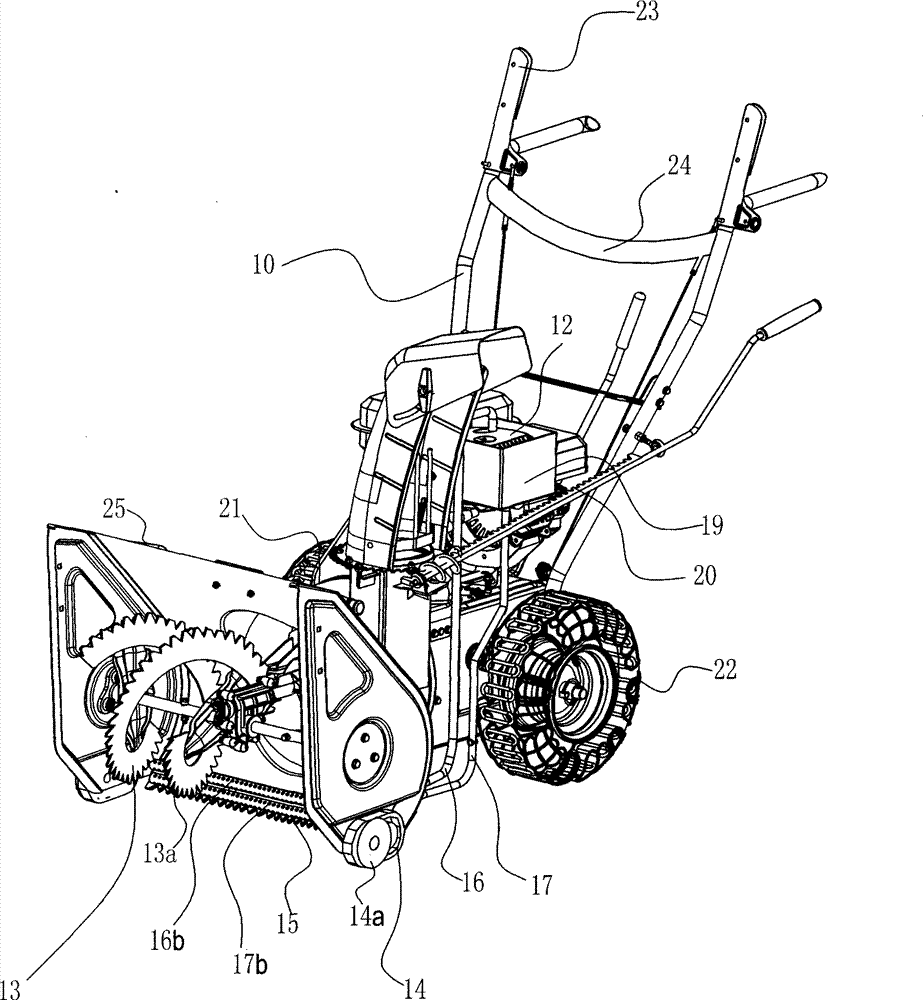Single-gear multi-variable speed snow sweeper with safe manipulating and front assisting wheels and noise reducer body