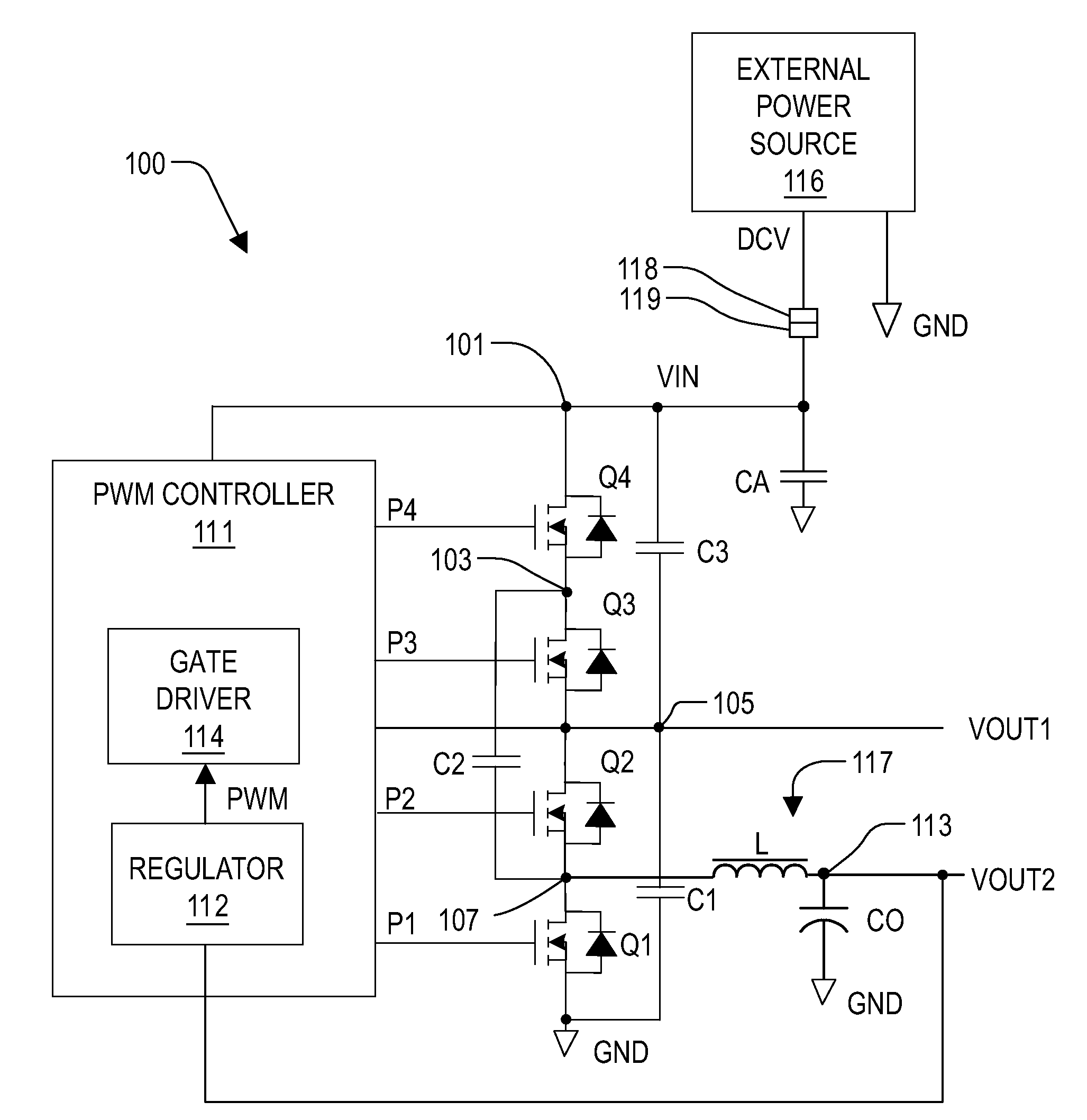 Voltage converter with combined capacitive voltage divider, buck converter and battery charger