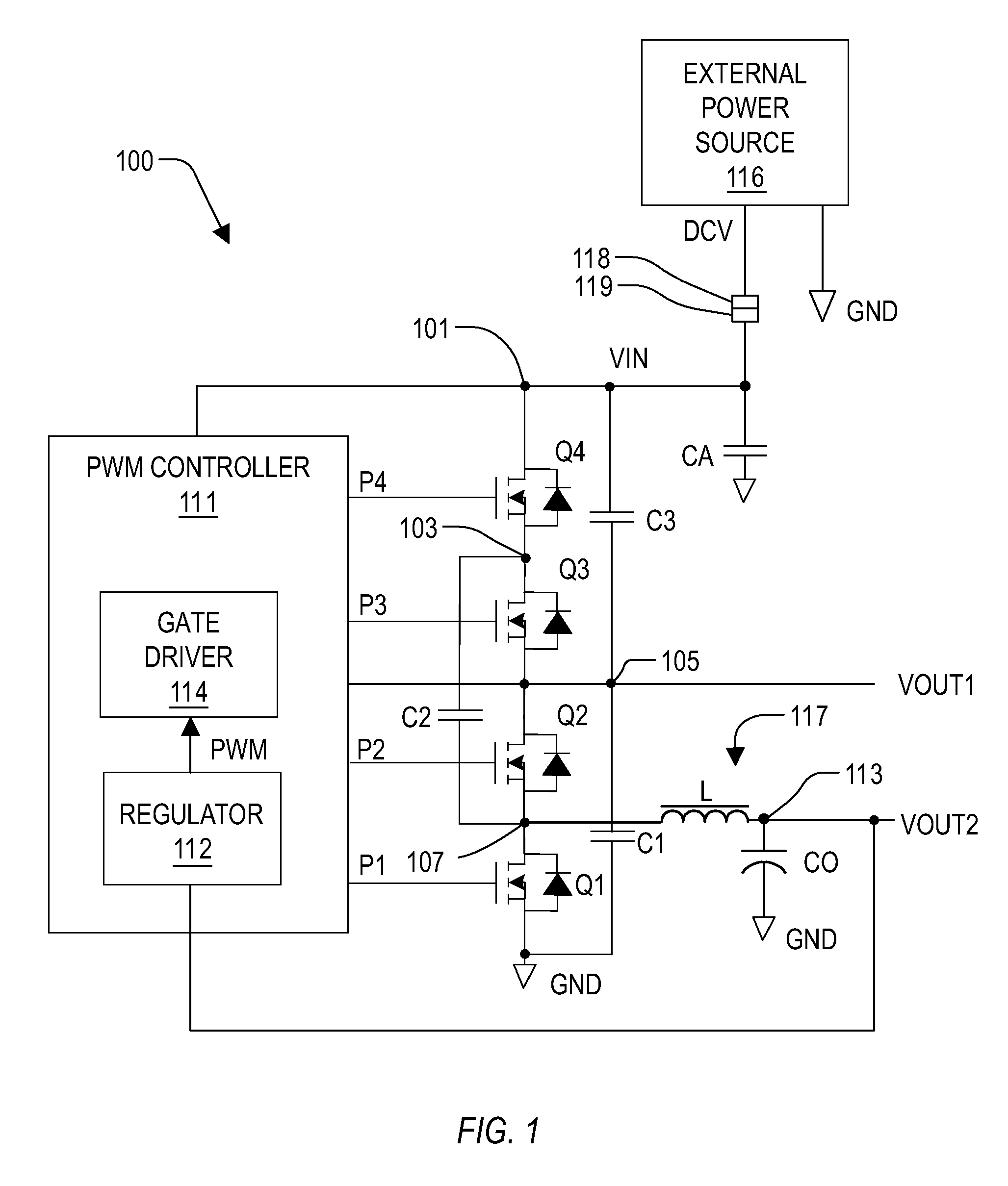 Voltage converter with combined capacitive voltage divider, buck converter and battery charger
