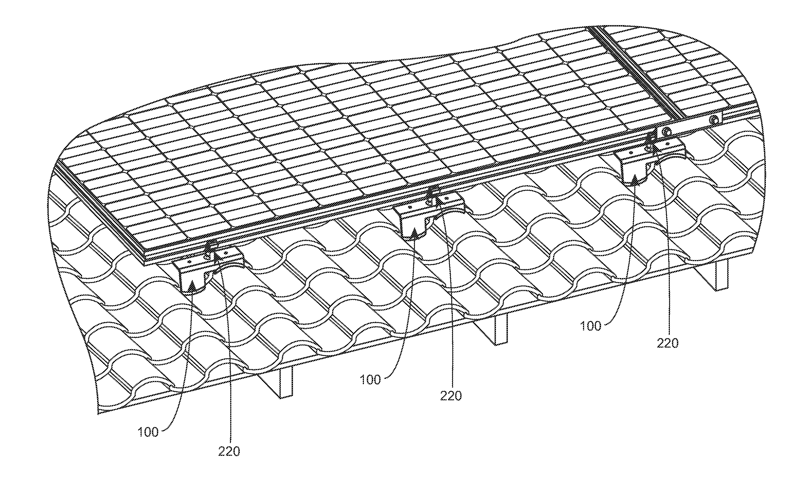Integrated hook and flashing for photovoltaic module installation on tile roofs