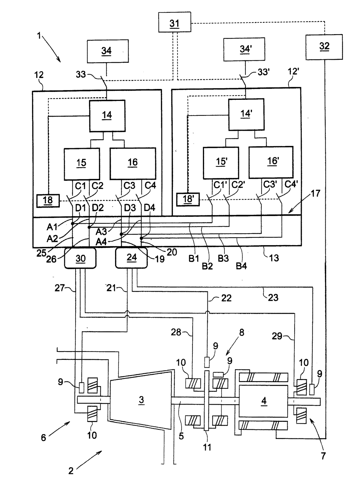 Control system and method for supply of power to active magnetic bearings in a rotating machine