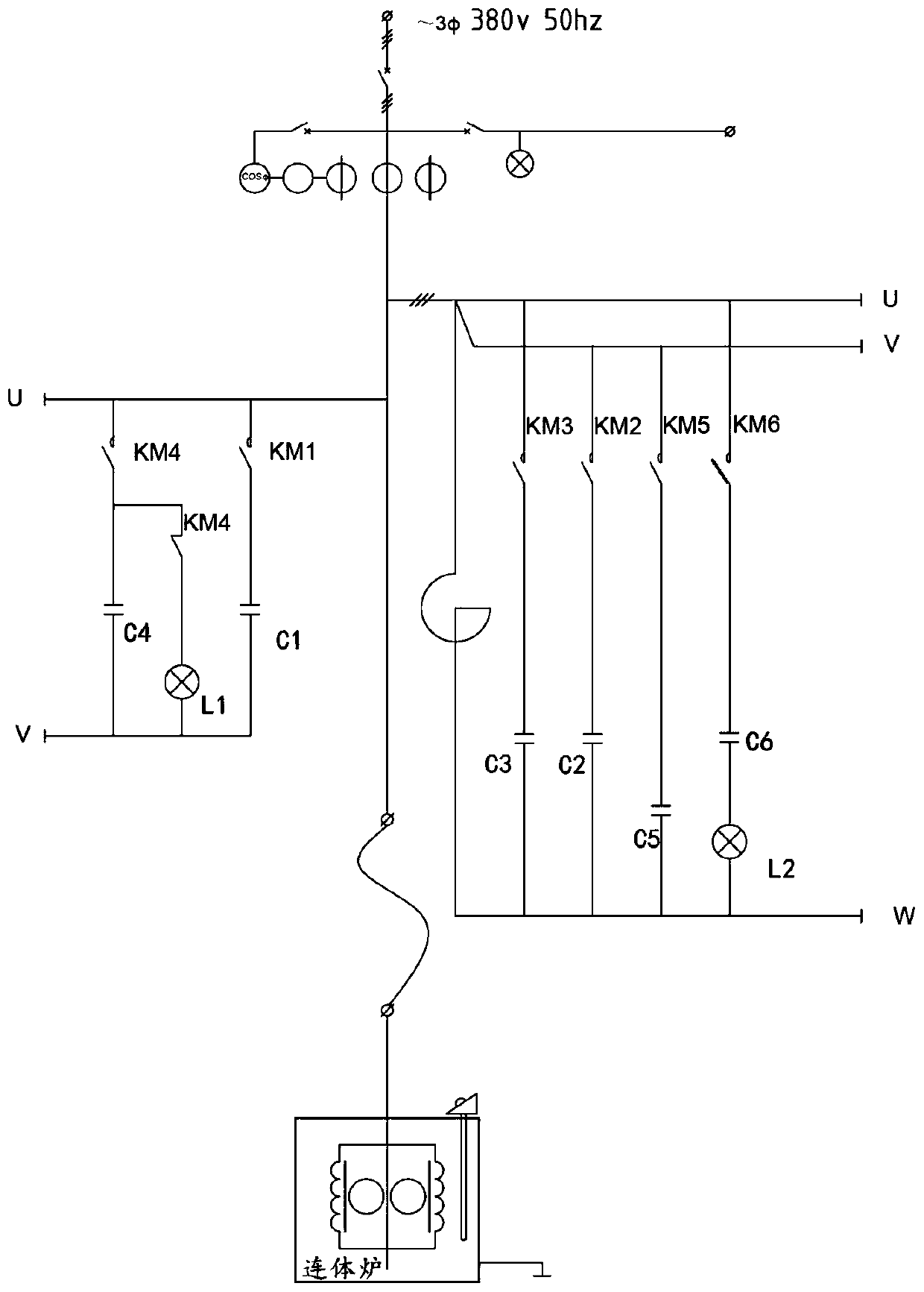Power factor compensation device for connected furnaces
