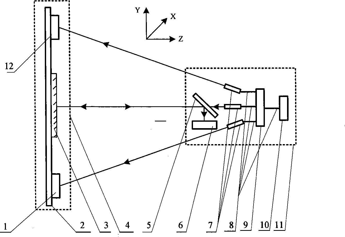In-orbit monitoring method for 6 freedom change between space three-linear array CCD camera lens