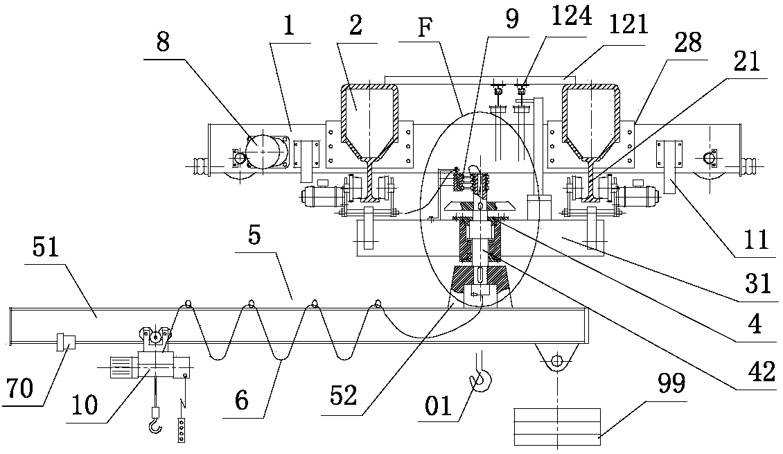 Crane with lifting trolley, suspending trolley and balance weight