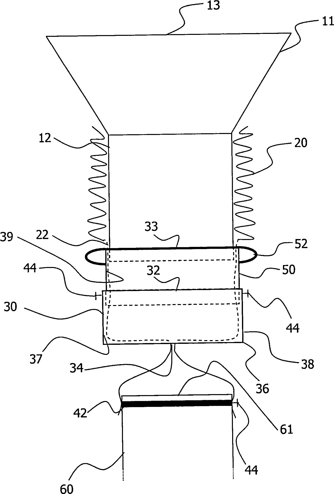 Ingredient distributing element on a container for flowable or dumpable bulk goods