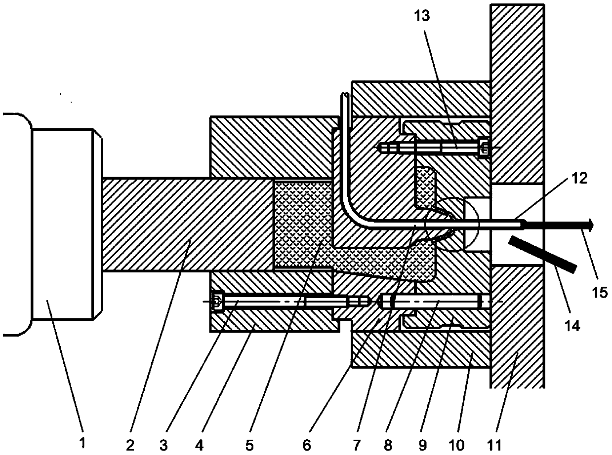 Device and process for realizing amorphous metal continuous wire cladding by virtue of extrusion