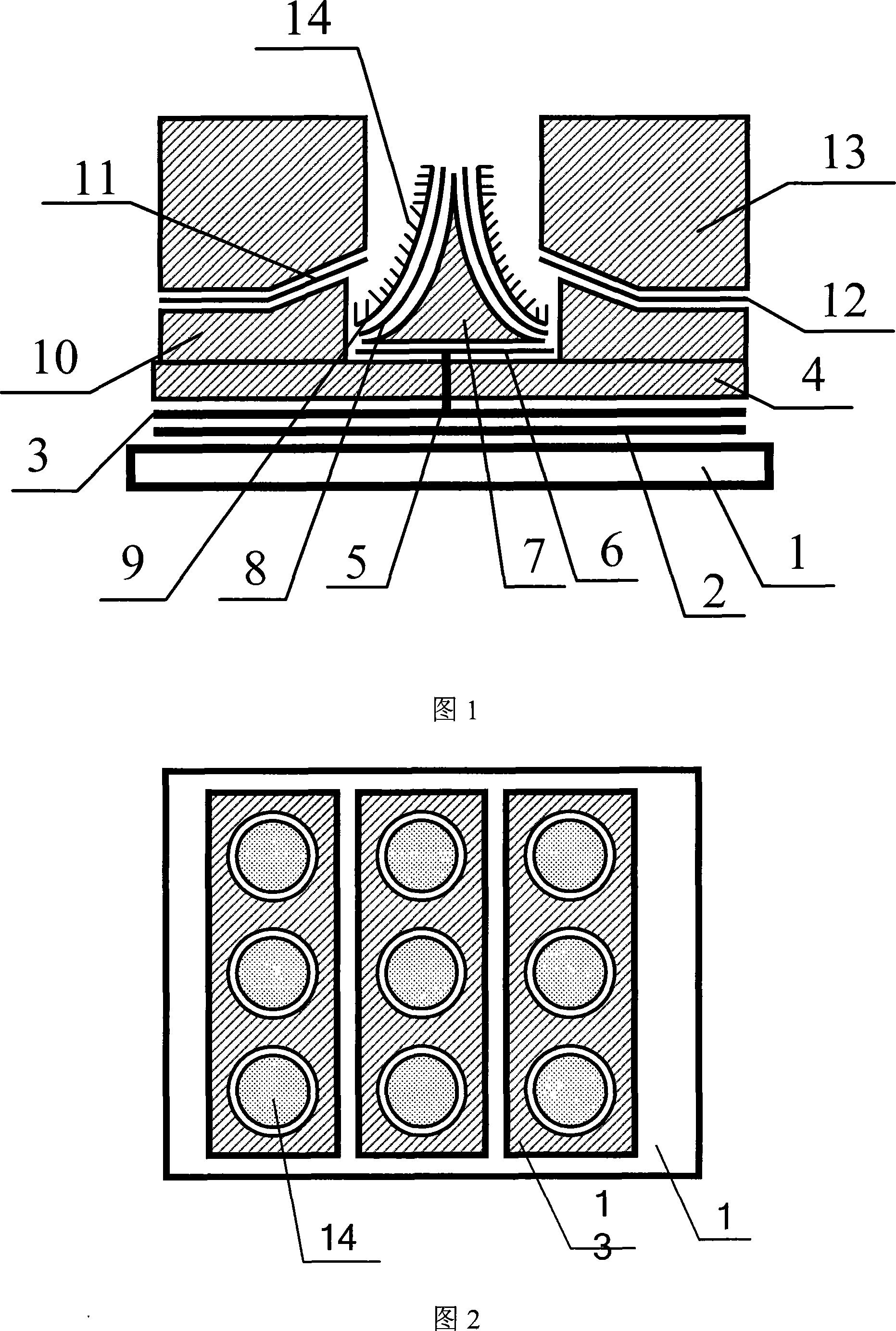 Flat-panel display device with tilt gate-modulated concave arc vertebra-type cathode structure and its preparing process
