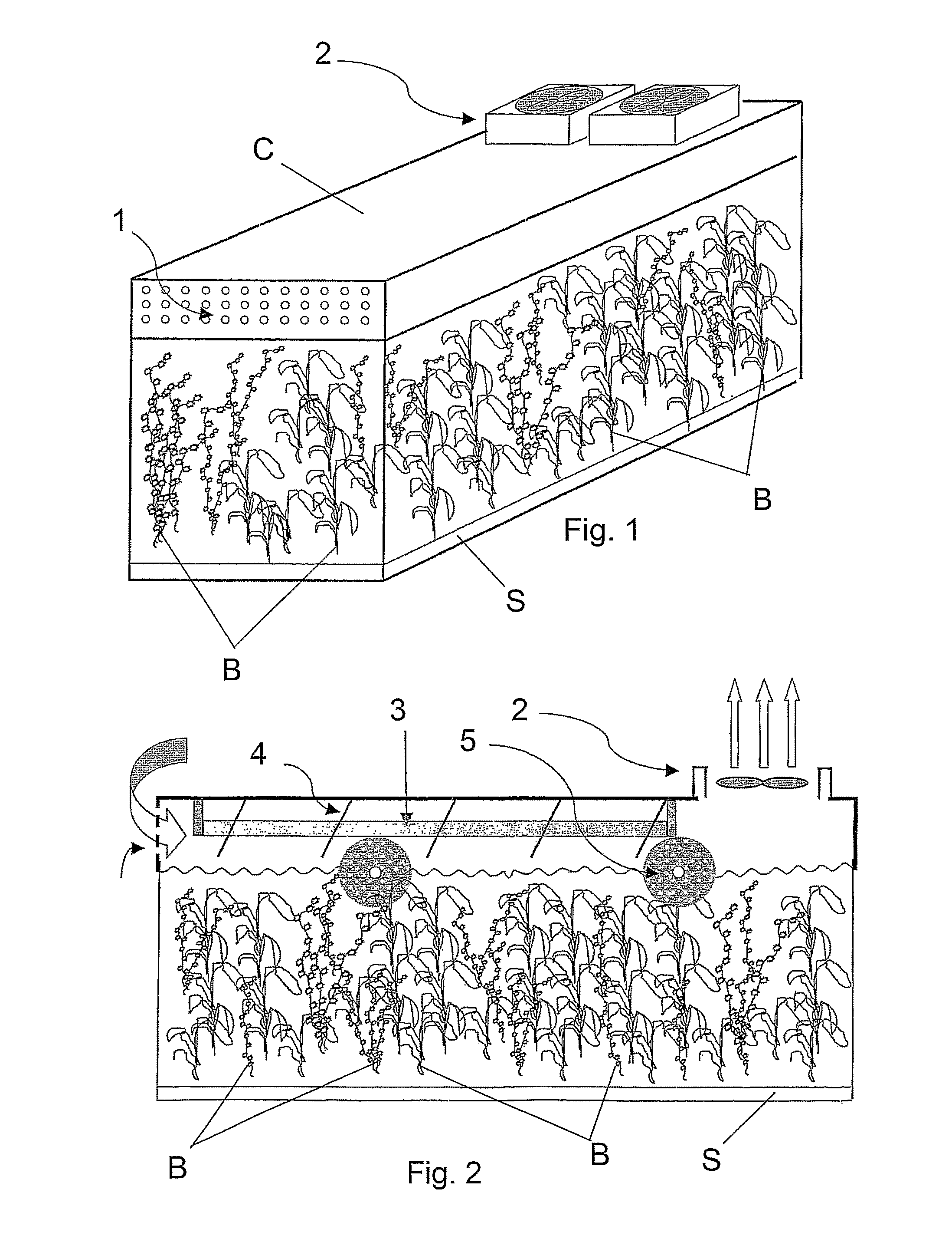 Biological process for purifying air in confined rooms and apparatus thereof