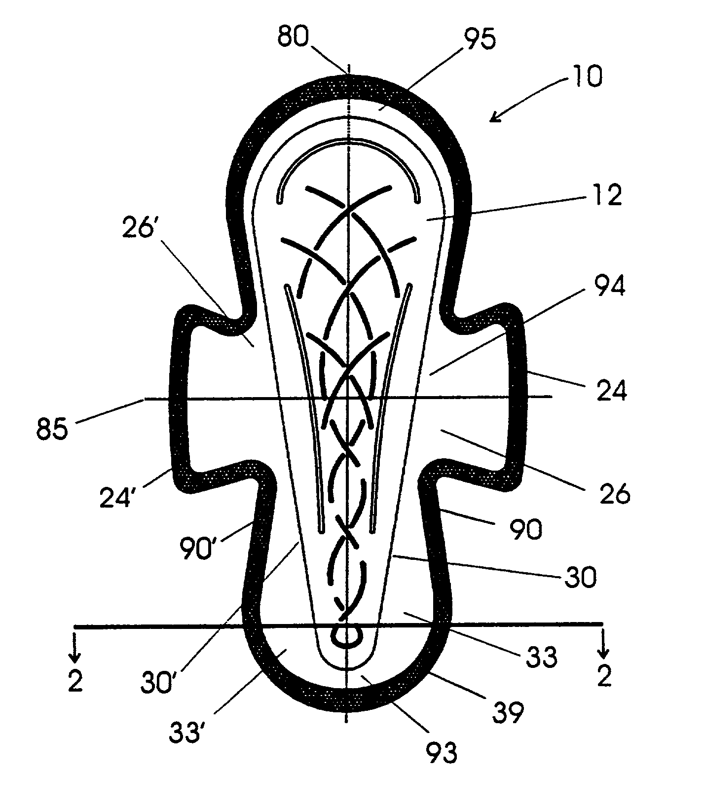 Thong sanitary napkin with self folding flaps