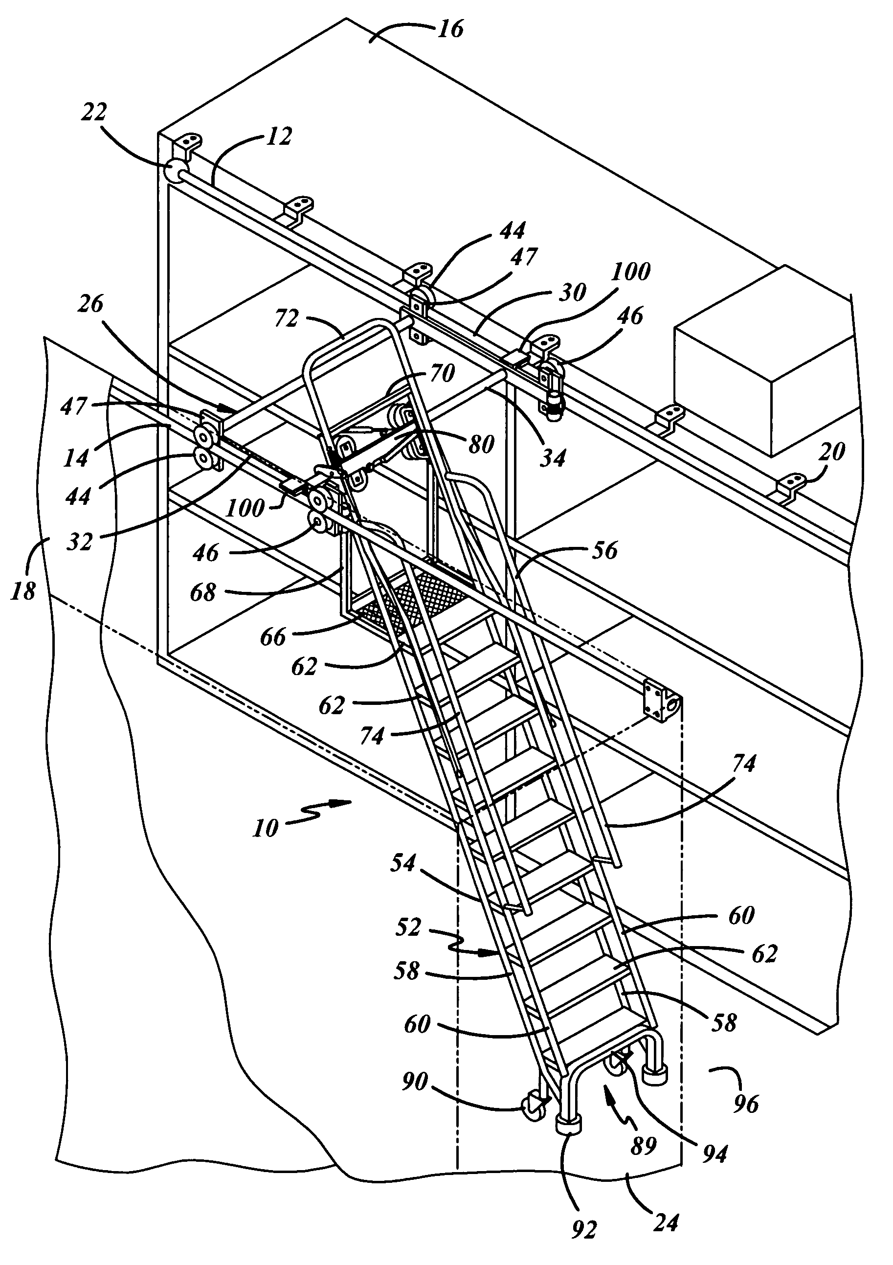 Dual track ladder with brake mechanism that is automatically applied to the upper tracks to hold the ladder in place during use