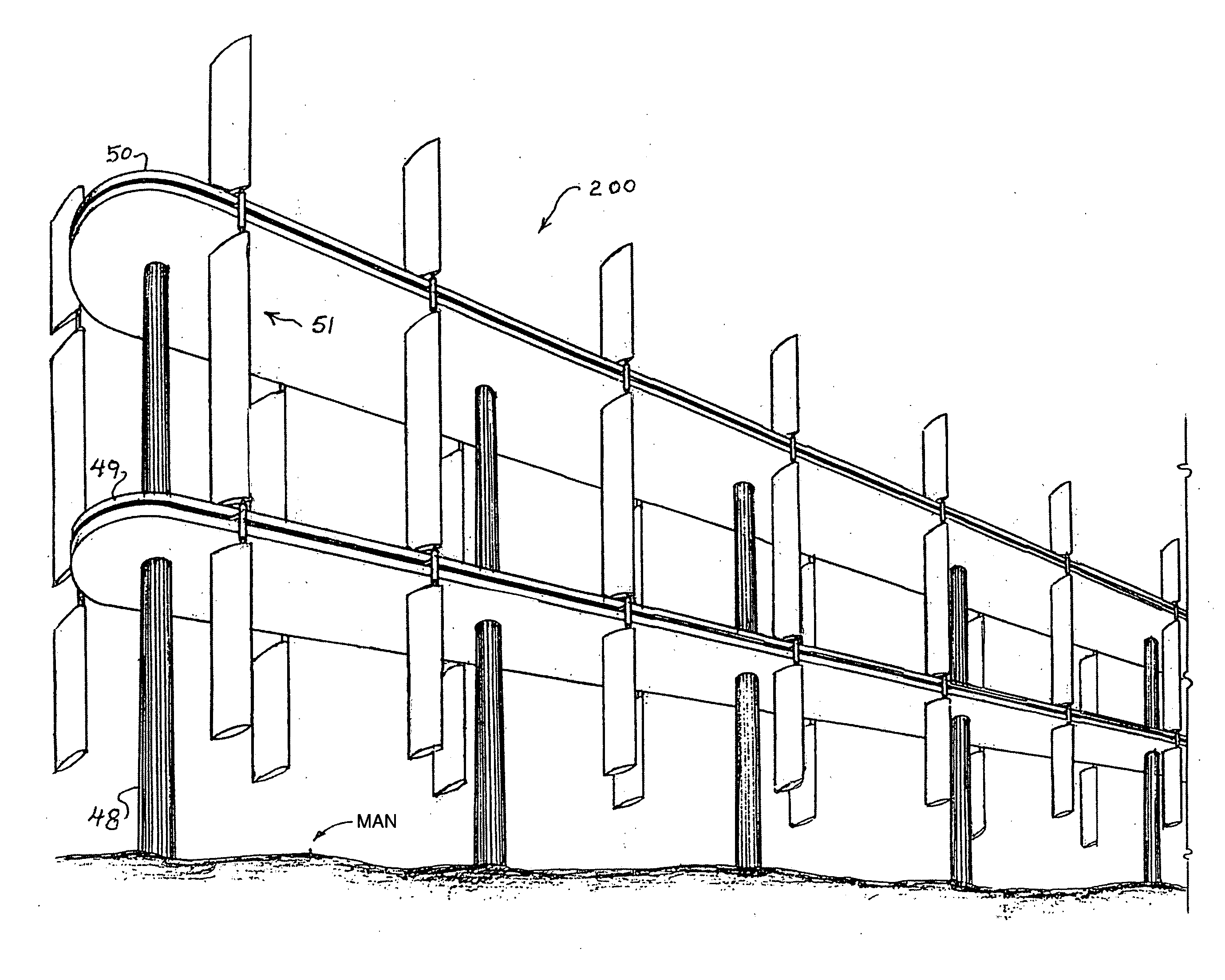 Wind and water power generation device using a tiered monorail system