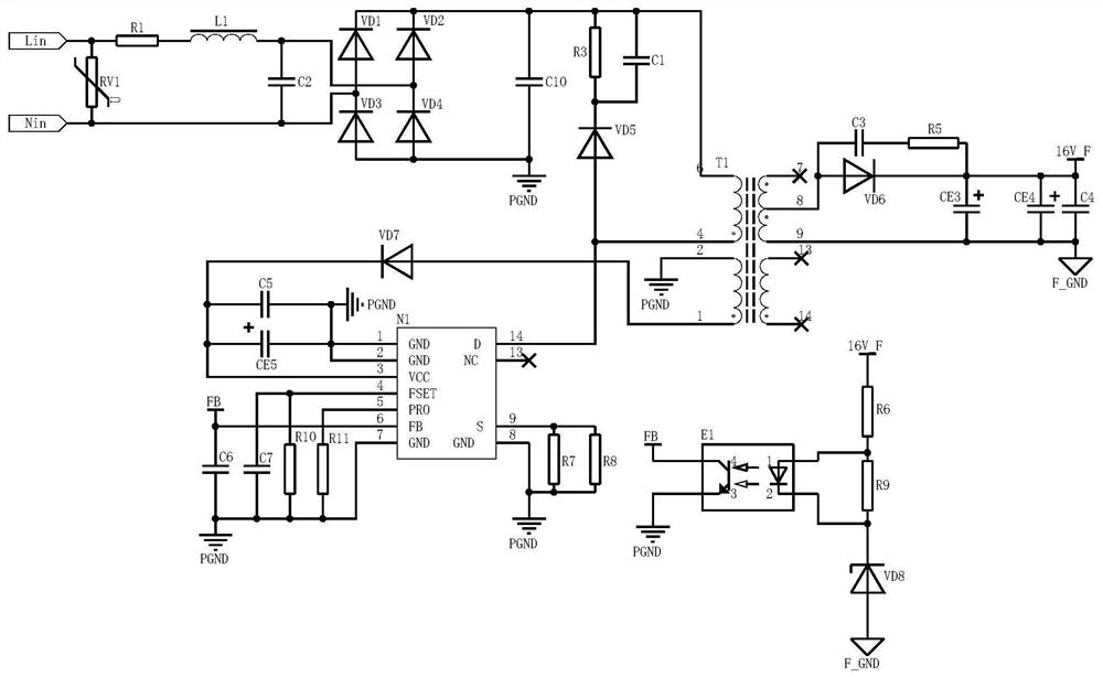 Flyback switching power supply without electrolytic capacitor, and electronic equipment