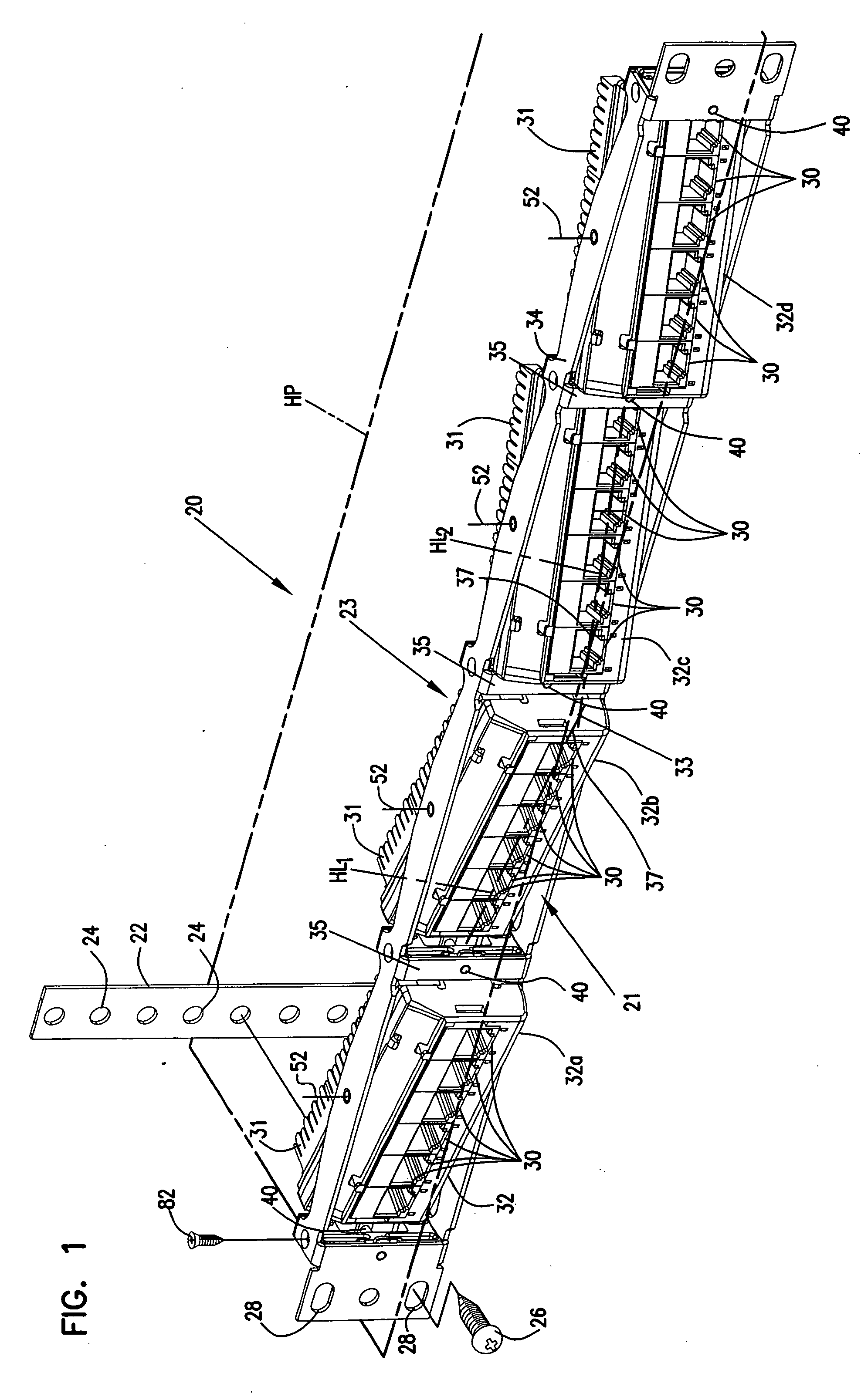 Telecommunications patch panel with angled connector modules