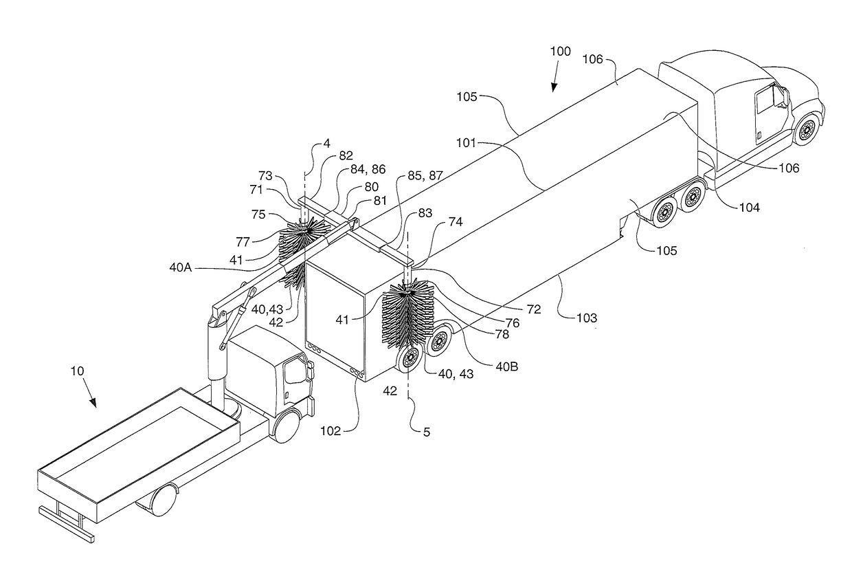Apparatus and method for cleaning a tractor-trailer