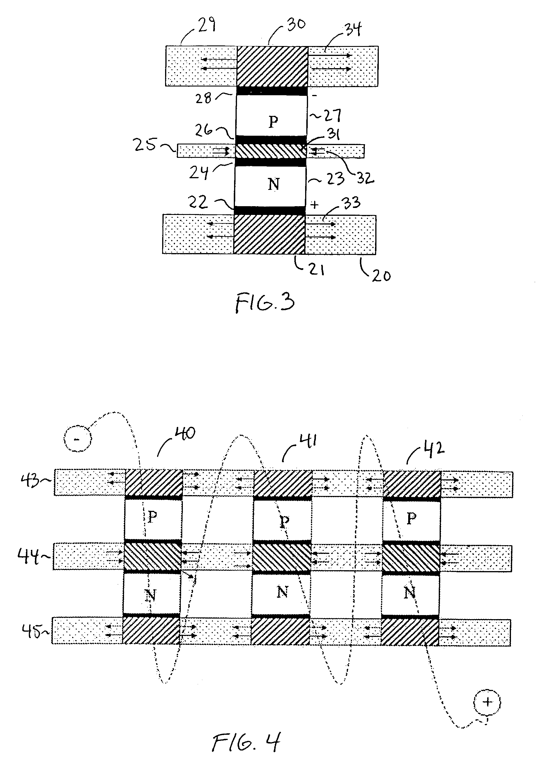 Thermoelectric devices utilizing double-sided Peltier junctions and methods of making the devices