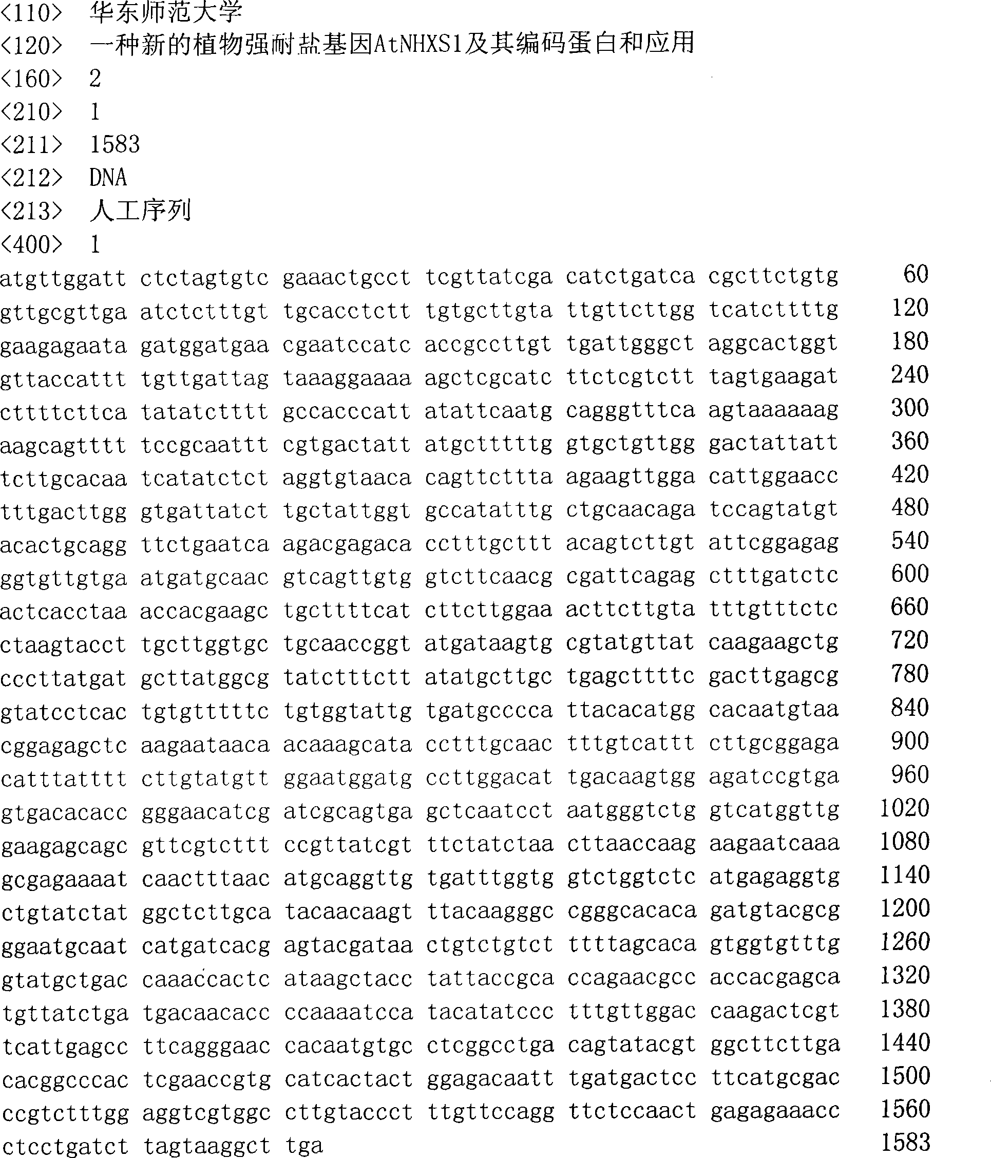 Plant strong salt-resistant gene AtNHXS1 and its coding protein and application