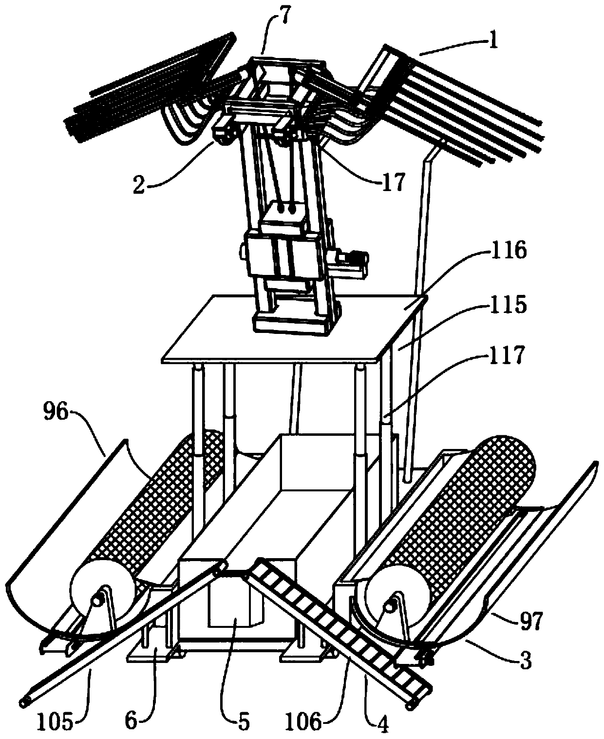 Yam bean self-vibration gathering and leaf-blowing full-picking electrostatic adsorption fruit-leaf separating vehicle