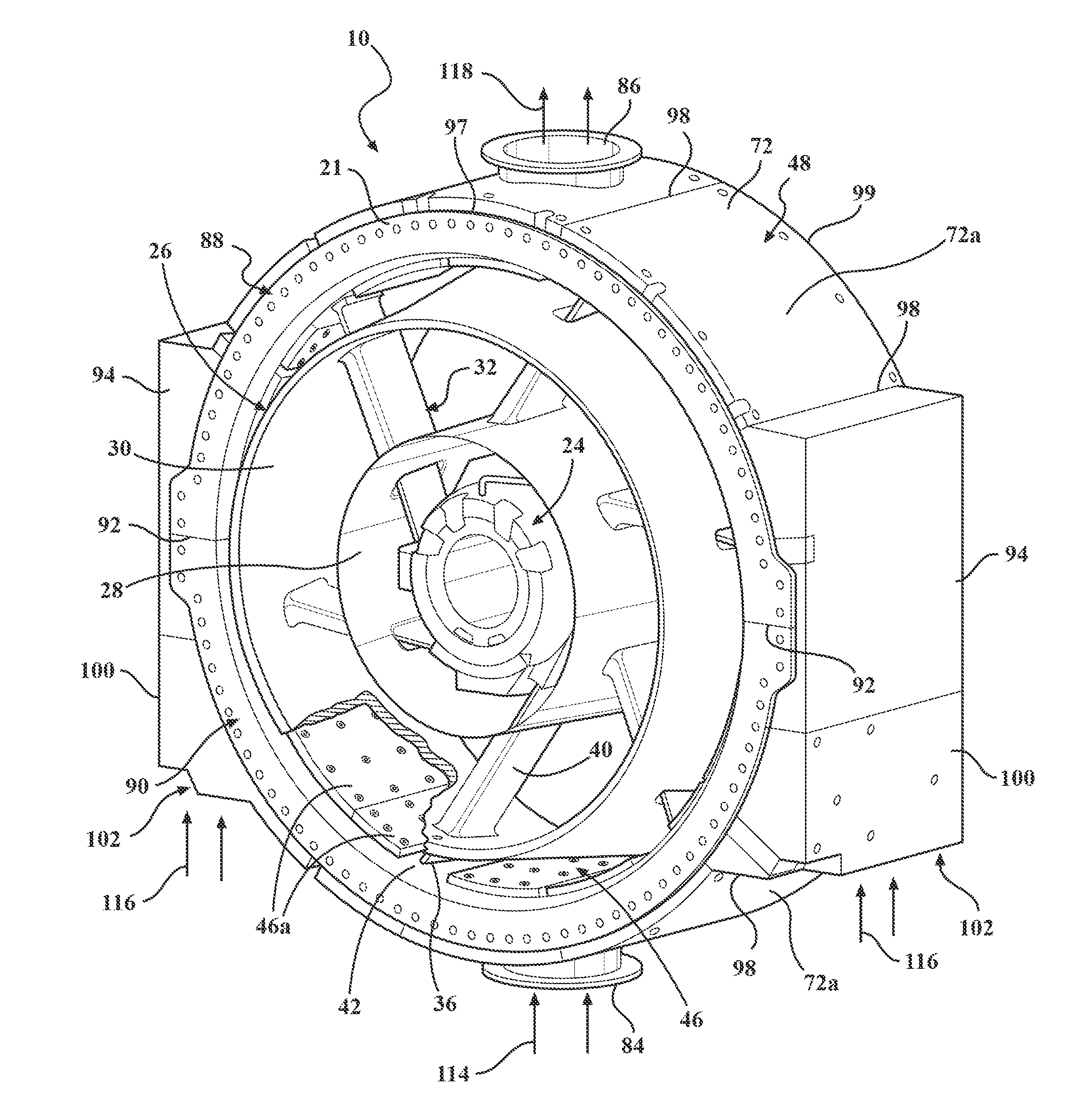 Gas turbine outer case active ambient cooling including air exhaust into a sub-ambient region of exhaust flow