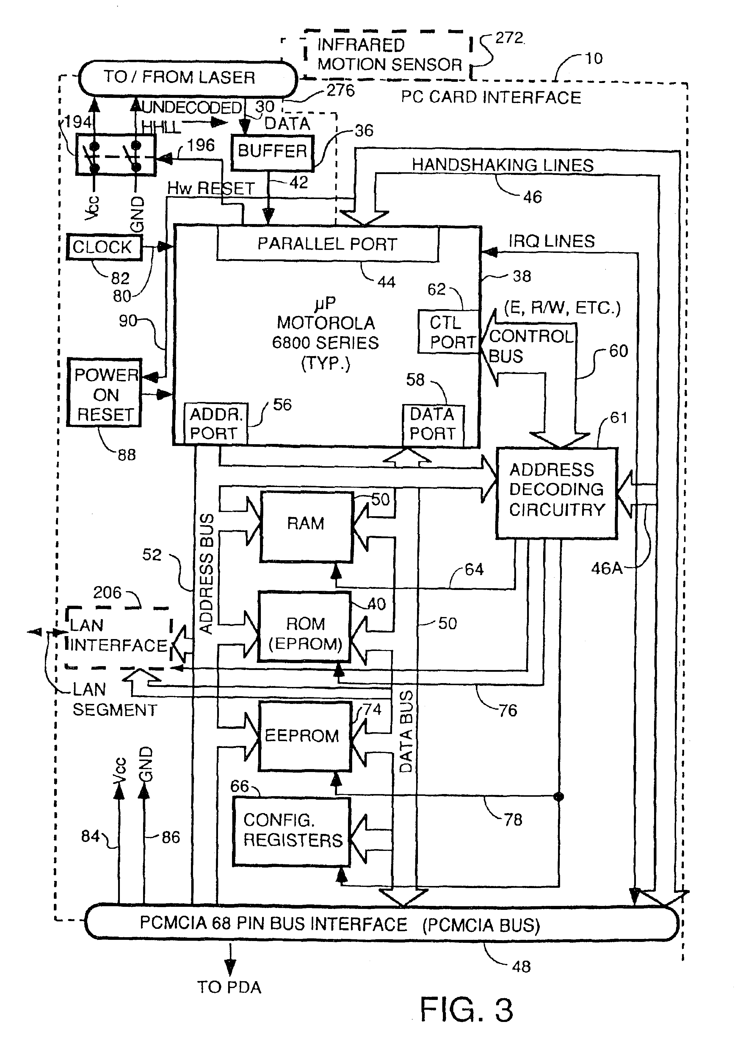 PCMCIA interface card for coupling input devices such as barcode scanning engines to personal digital assistants and palmtop computers