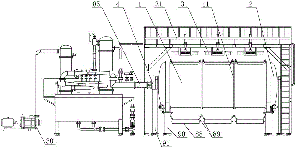 Rotary vacuum loosening and dampening machine and its loosening and dampening method