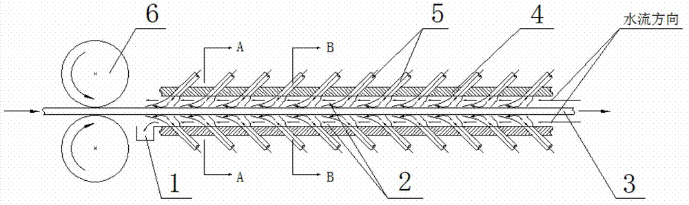 Jet flow cooling method and device in narrow slit water jacket passage of steel plate