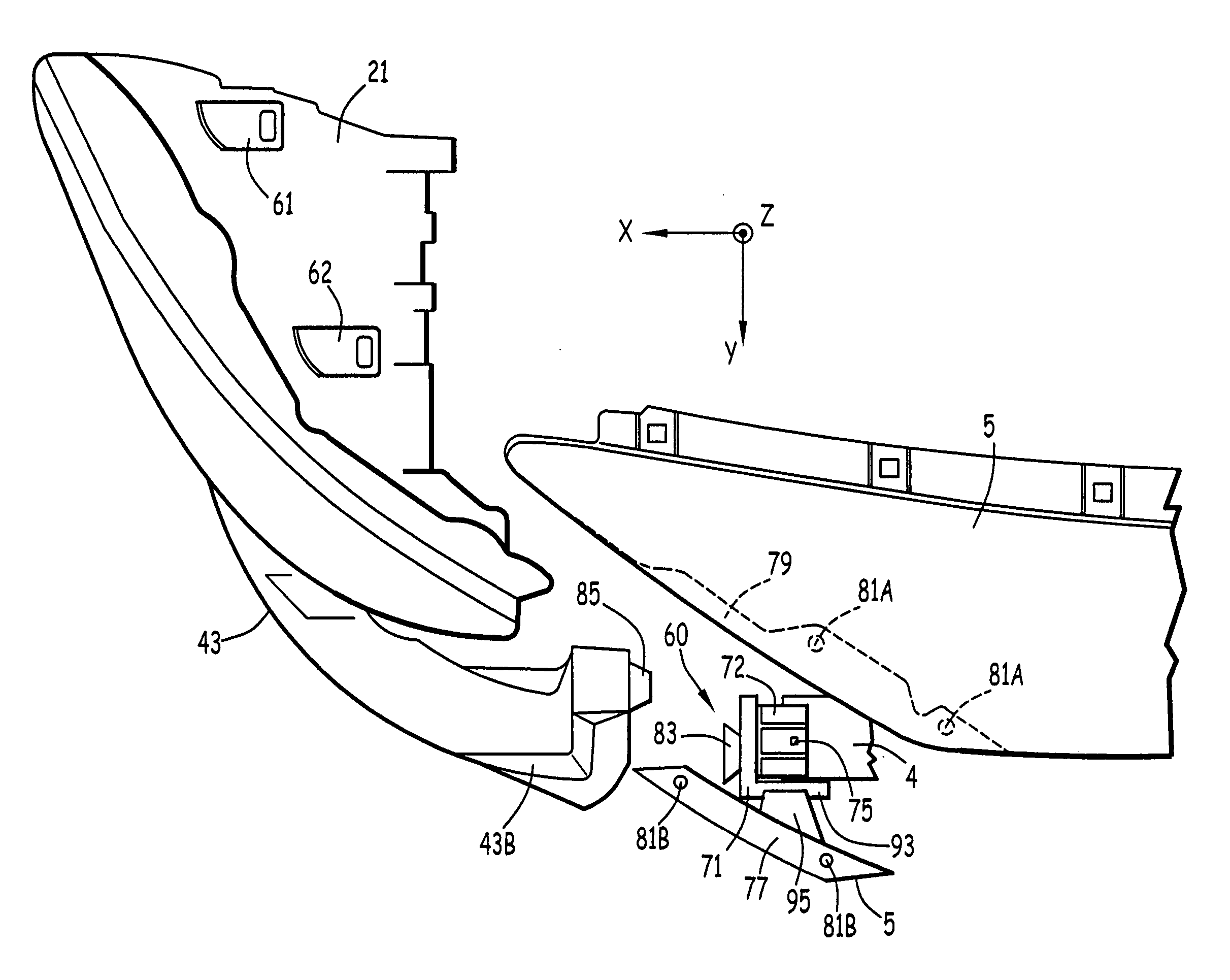Motor vehicle front portion assembly provided with improved fastening and position-adjustment means, and a motor vehicle including such an assembly