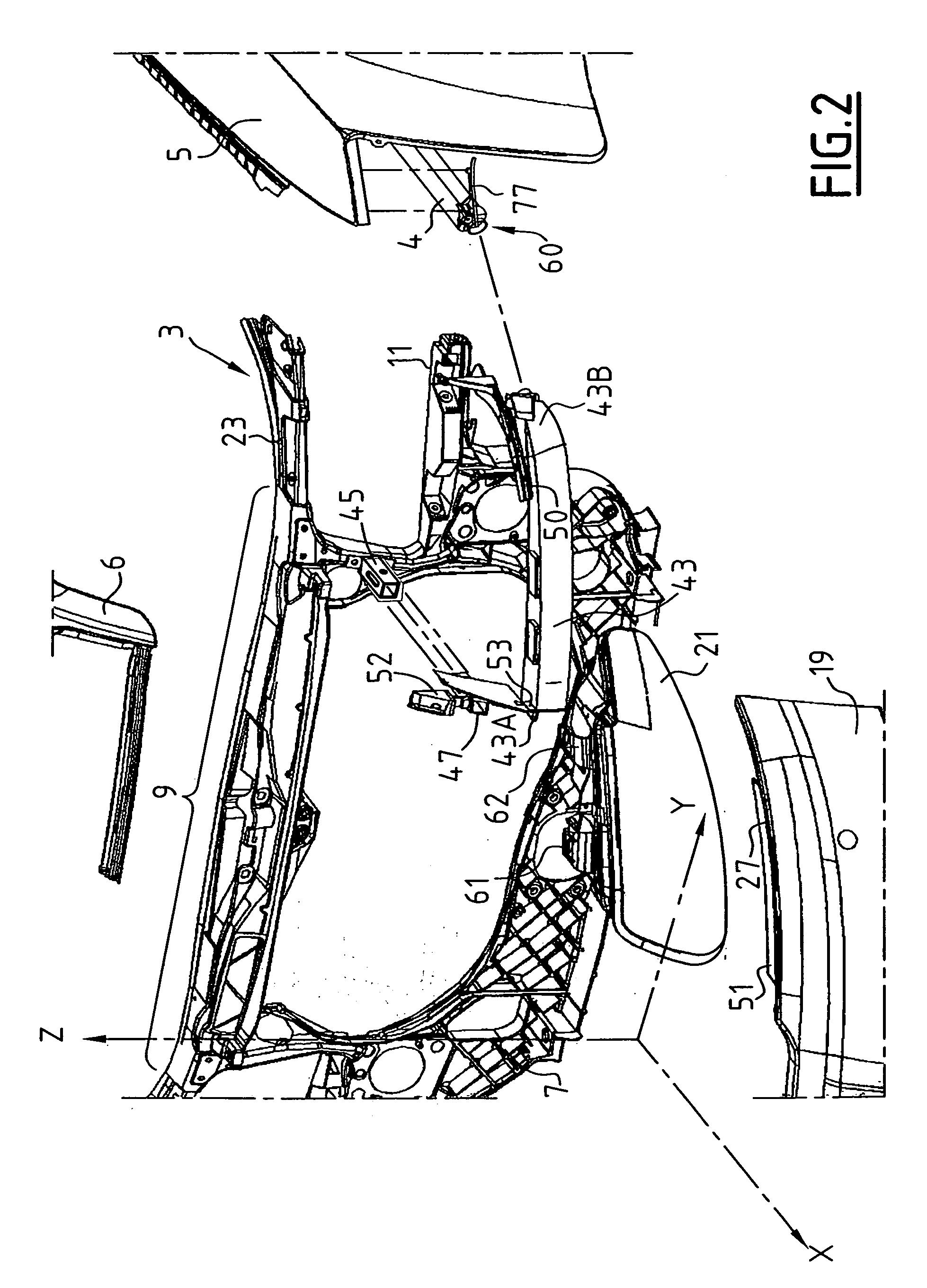 Motor vehicle front portion assembly provided with improved fastening and position-adjustment means, and a motor vehicle including such an assembly