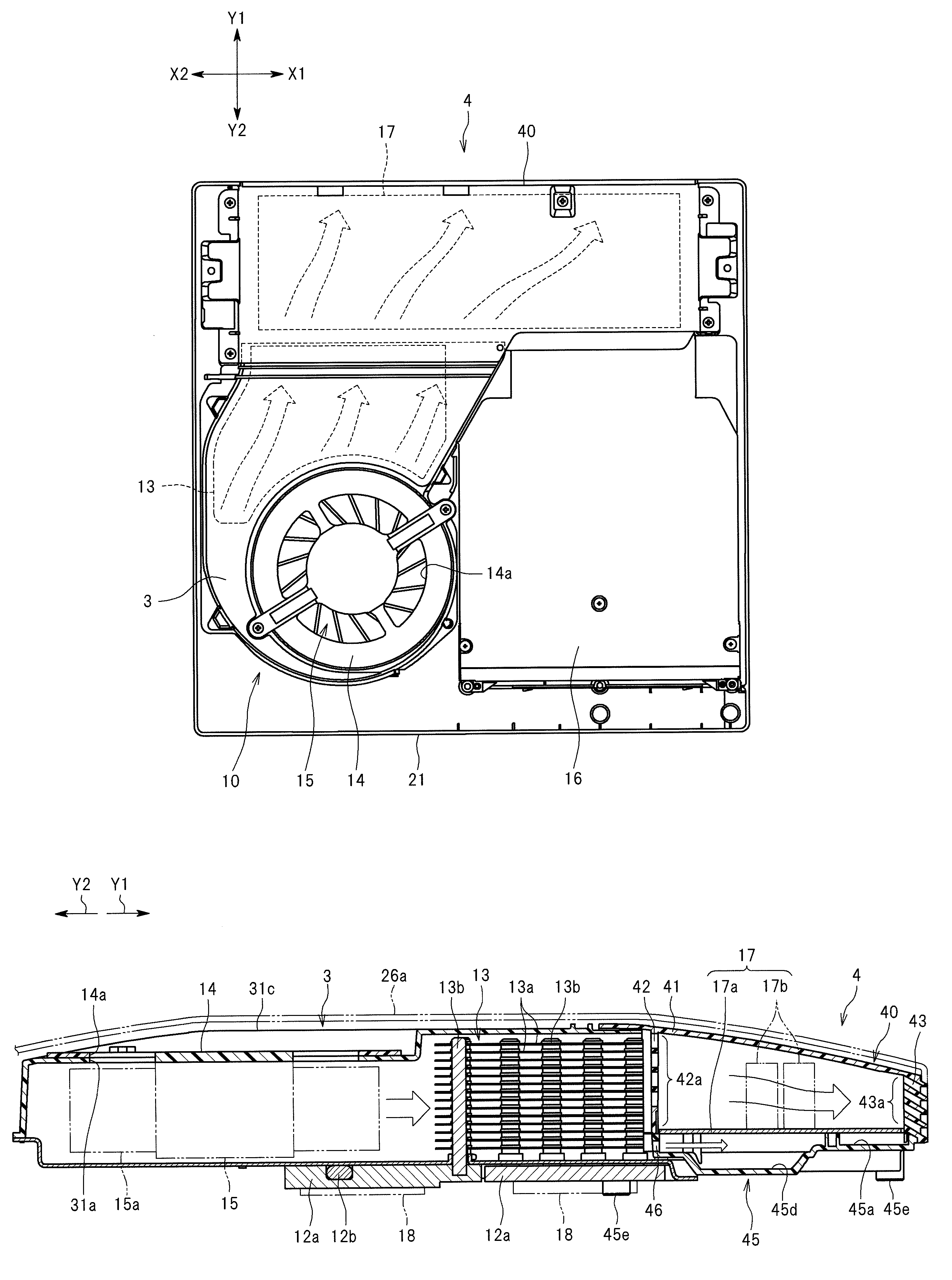 Electronic apparatus including a cooling unit and a wall member