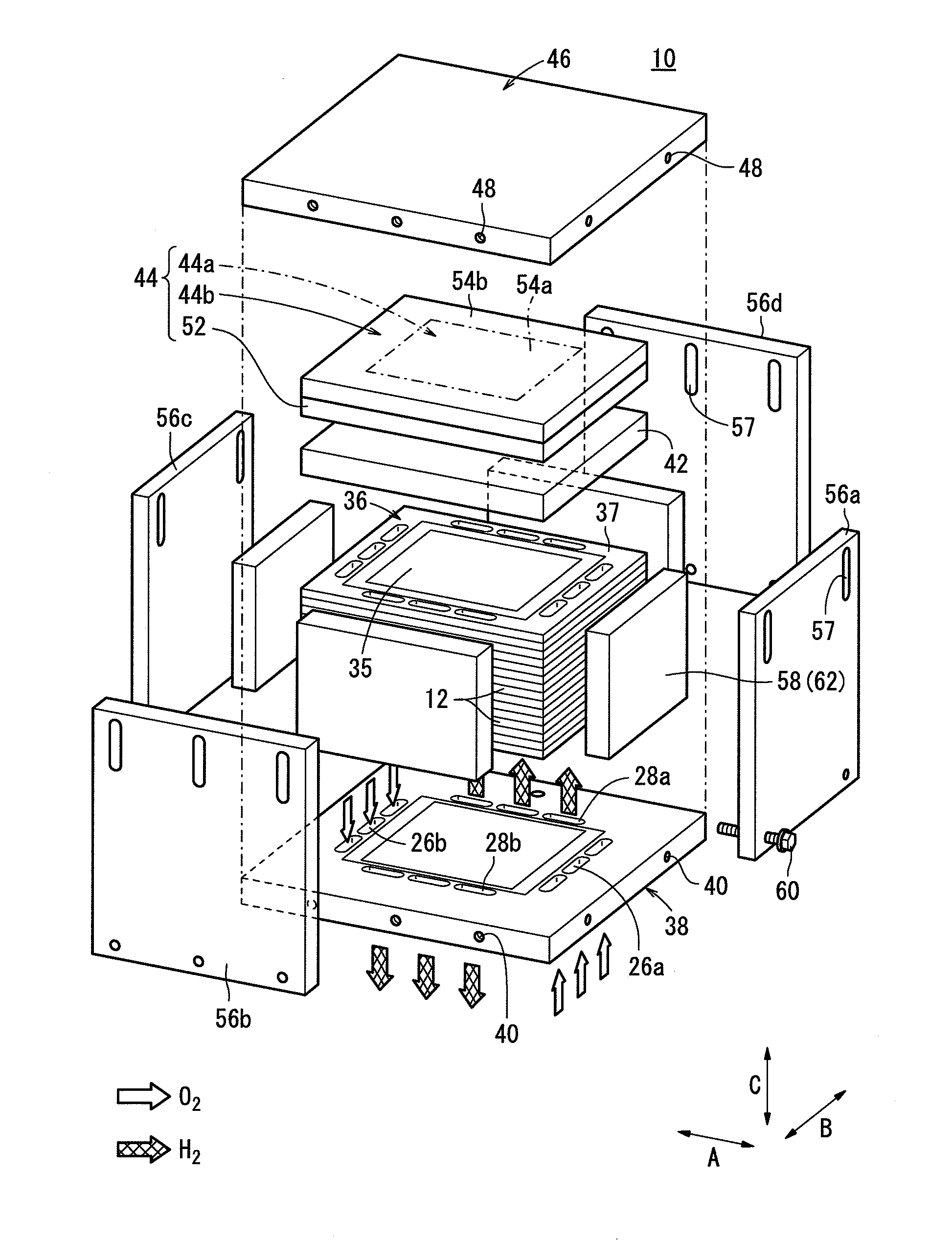 Sofc stack with temperature adapted compression force means