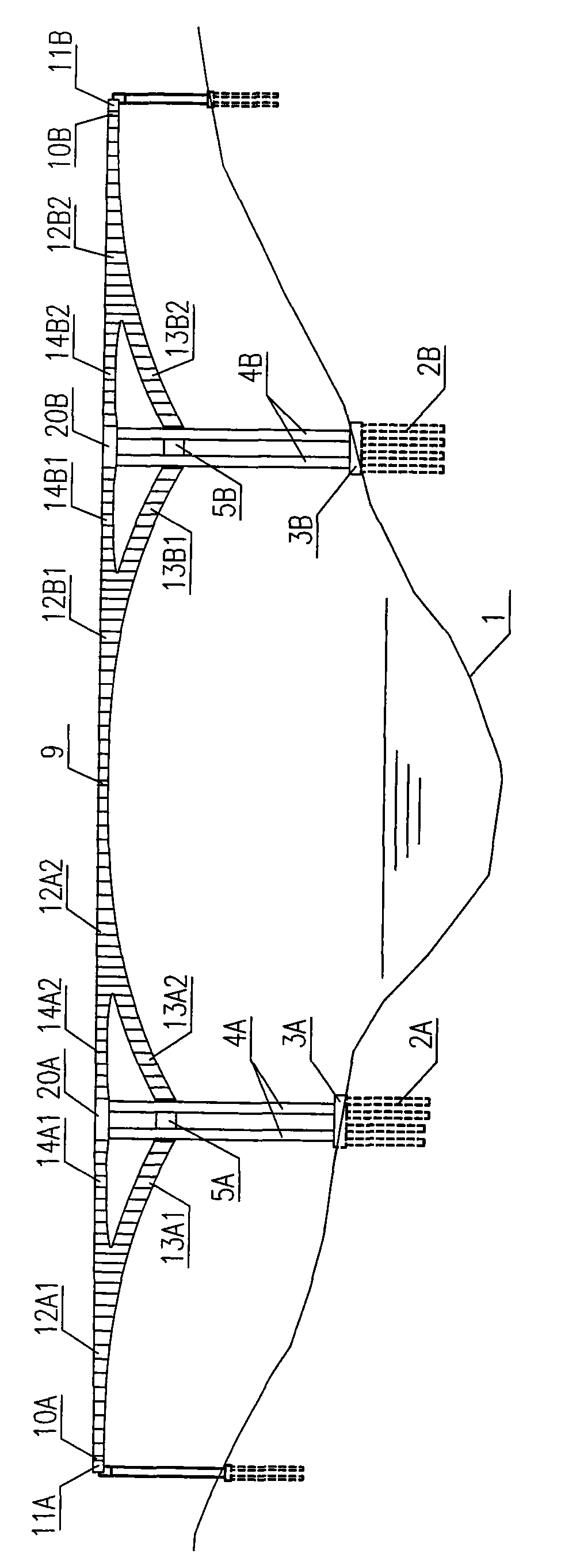 Open web type continuous steel bridge structure and buckling, hanging and pouring method of cantilever