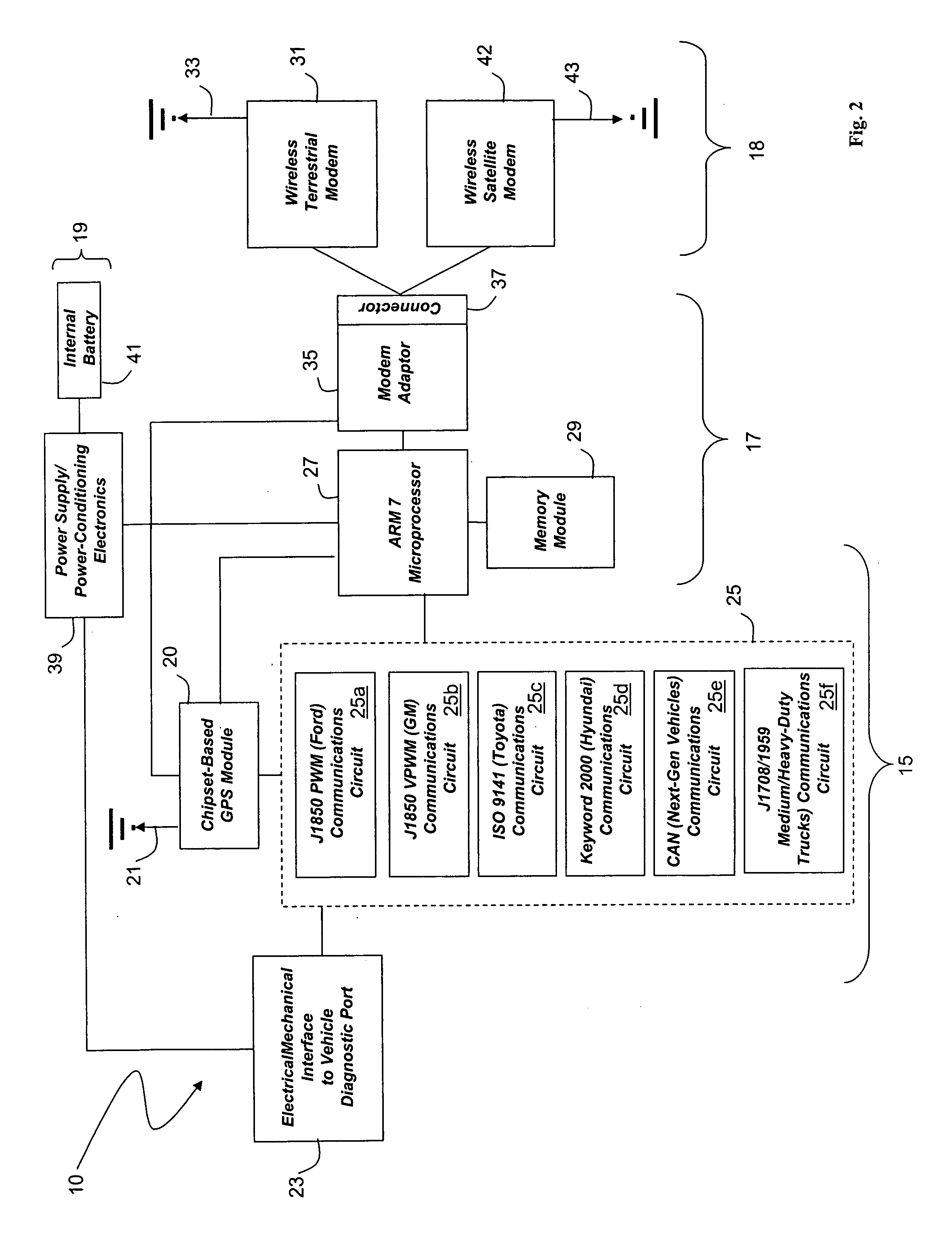 Wireless vehicle-monitoring system operating on both terrestrial and satellite networks