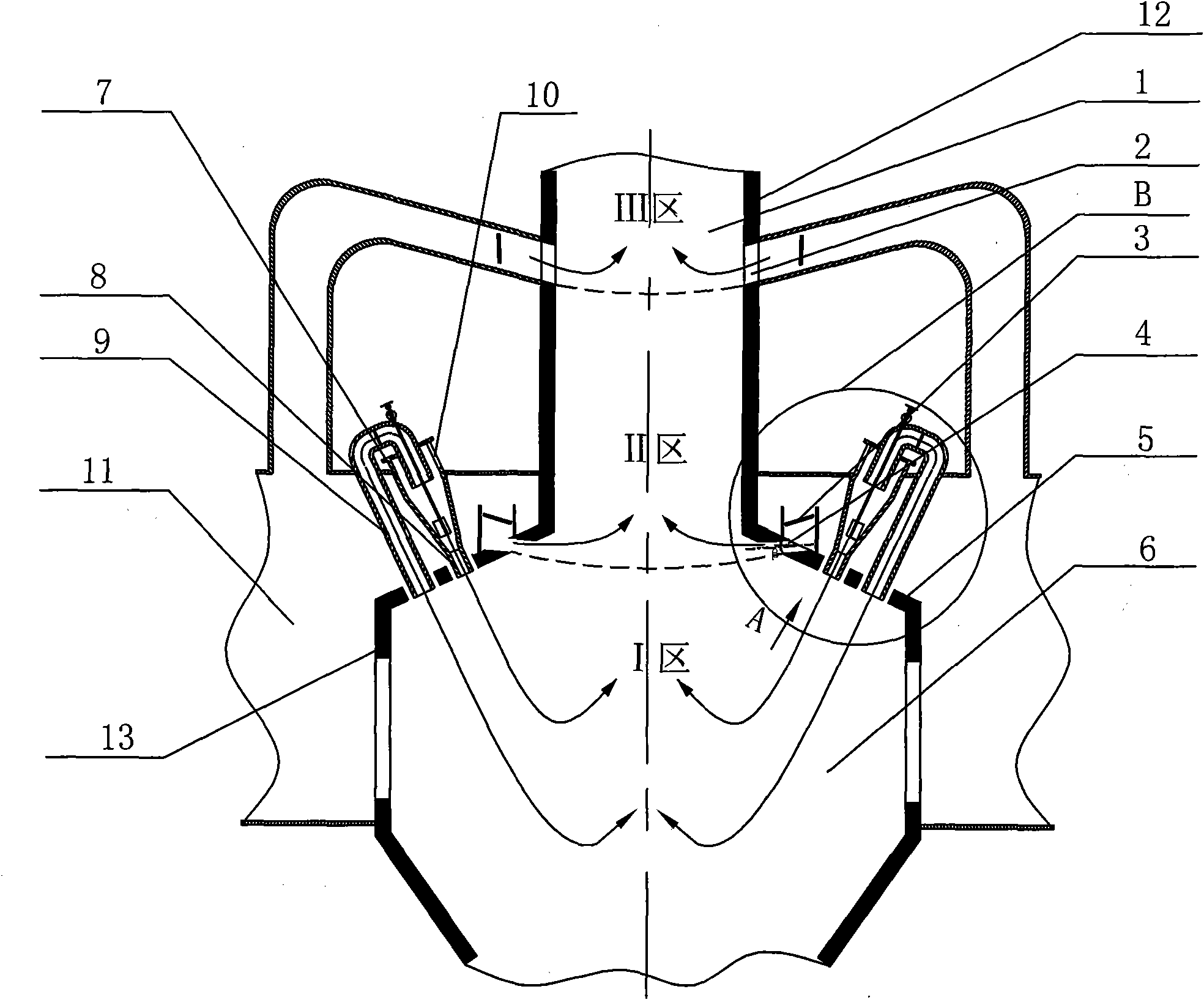W-shaped flame boiler with two-stage over-fire wind
