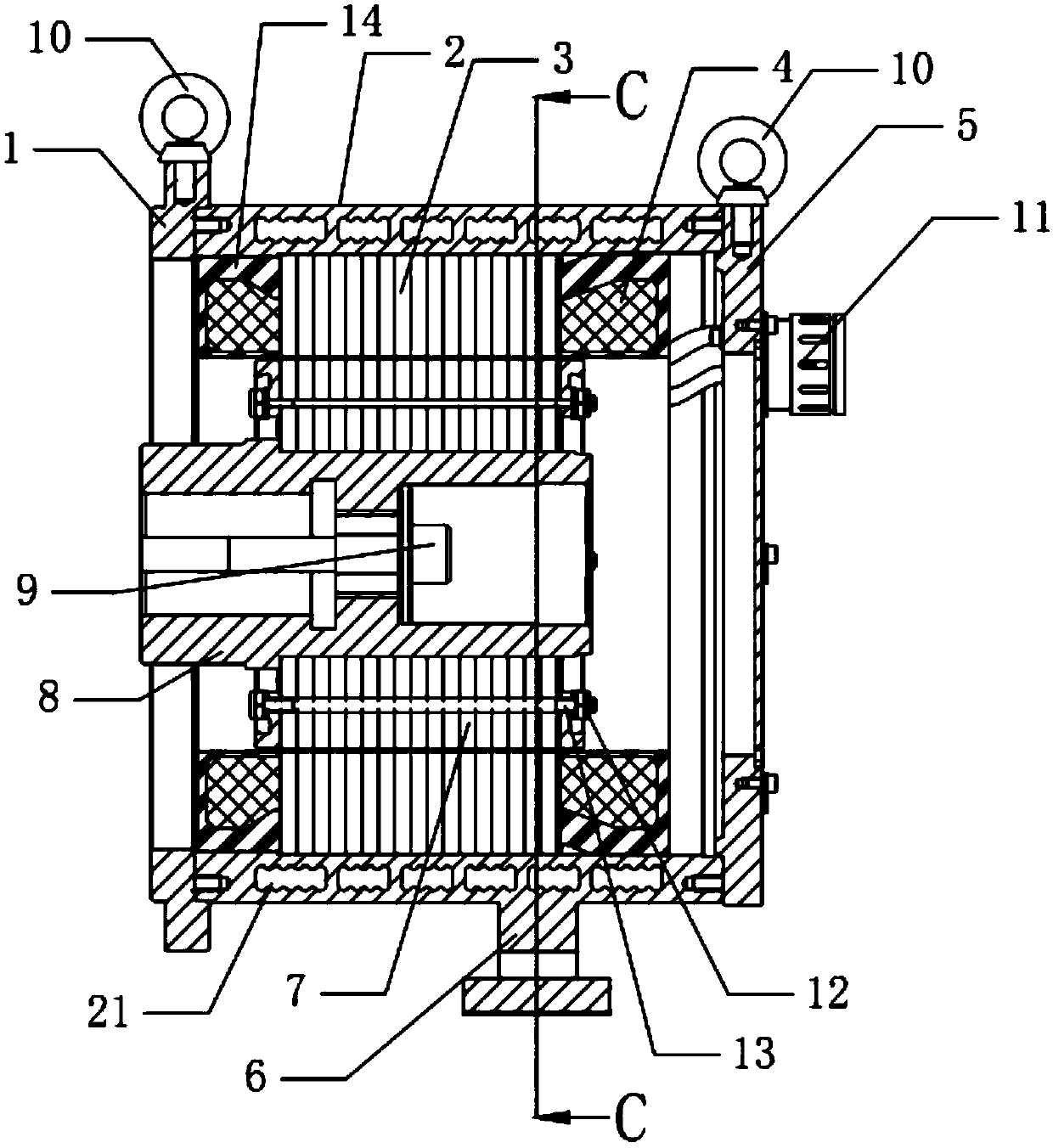 Efficient direct connection type air compressor oil-cooling permanent magnet synchronous motor and pouring process thereof