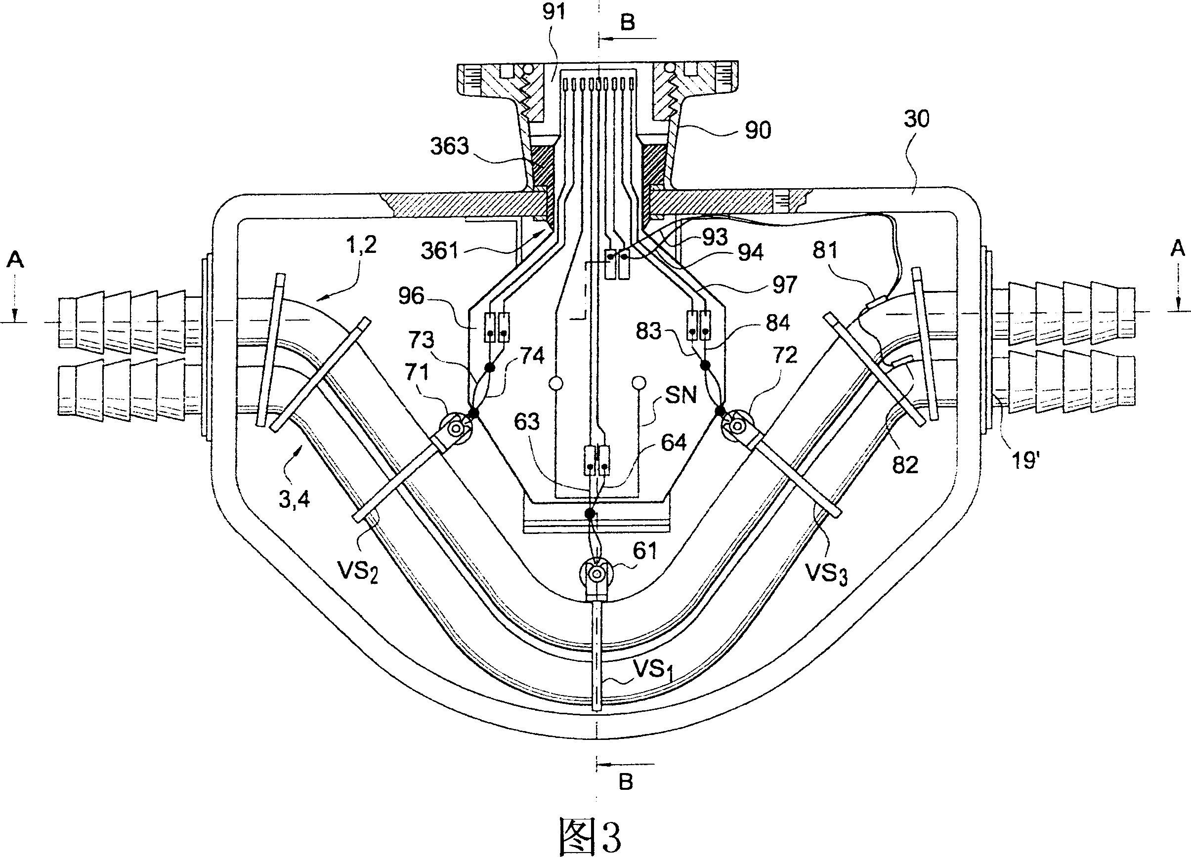 Vibration-type measuring sensor for conduction measurements in media flowing inside two medium lines, and in-line measuring device equipped with a measuring sensor of this type