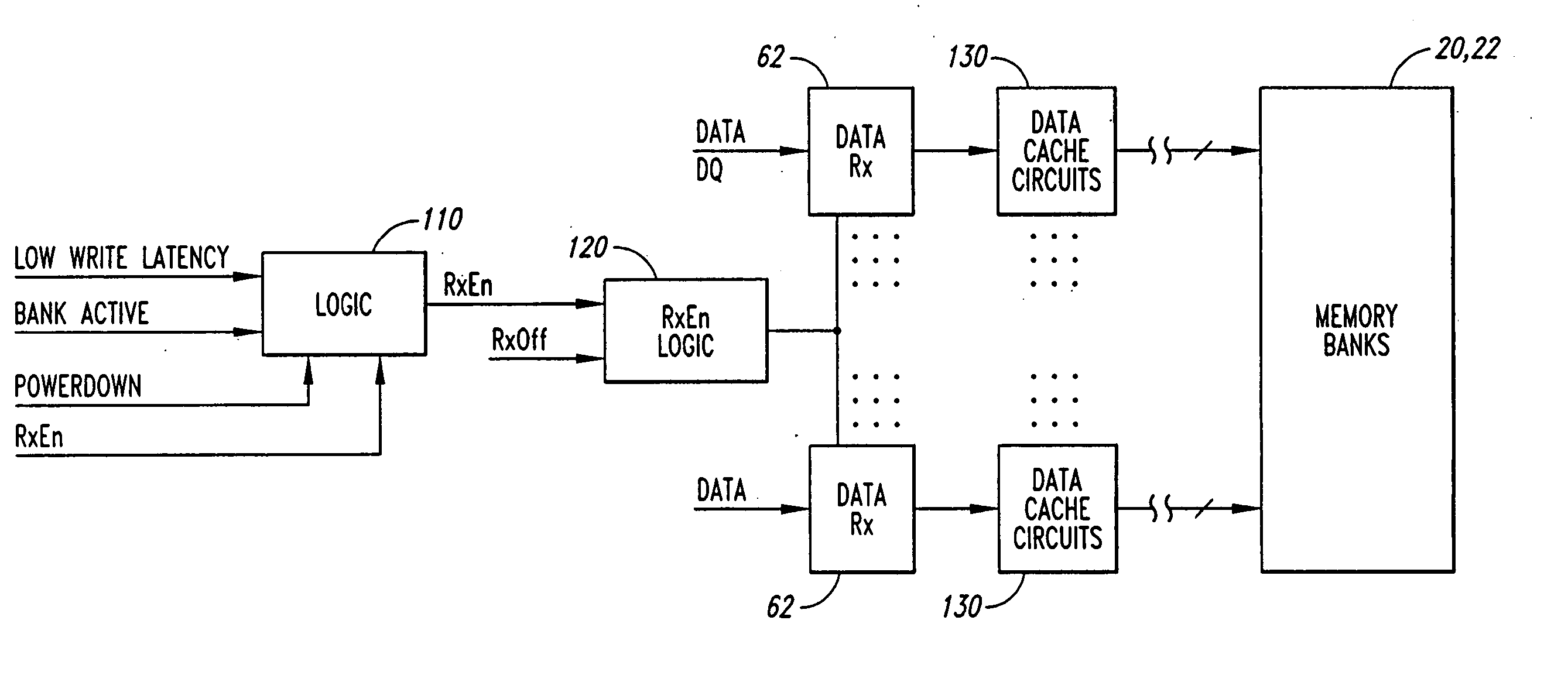 Memory device and method having low-power, high write latency mode and high-power, low write latency mode and/or independently selectable write latency