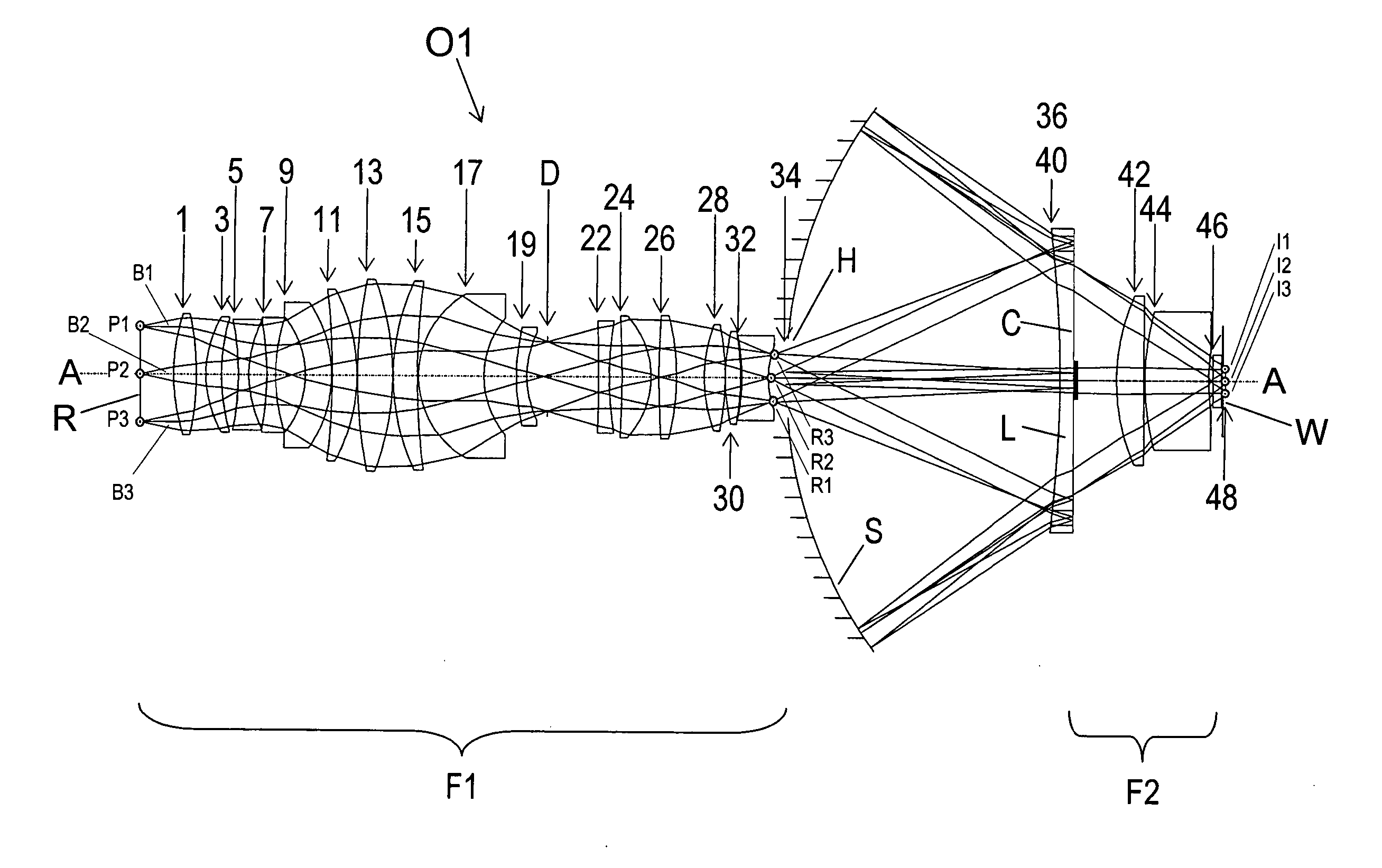 Catadioptric projection objective with an in-line, single-axis configuration