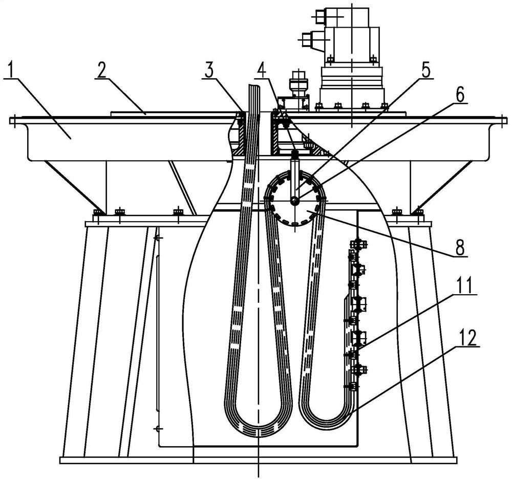 Overhanging type cable winding mechanism and method applied to reciprocating type rotary table