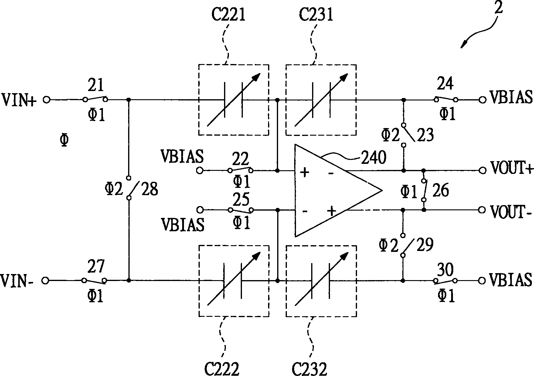 Gain amplifier for linear programmable switch capacitance