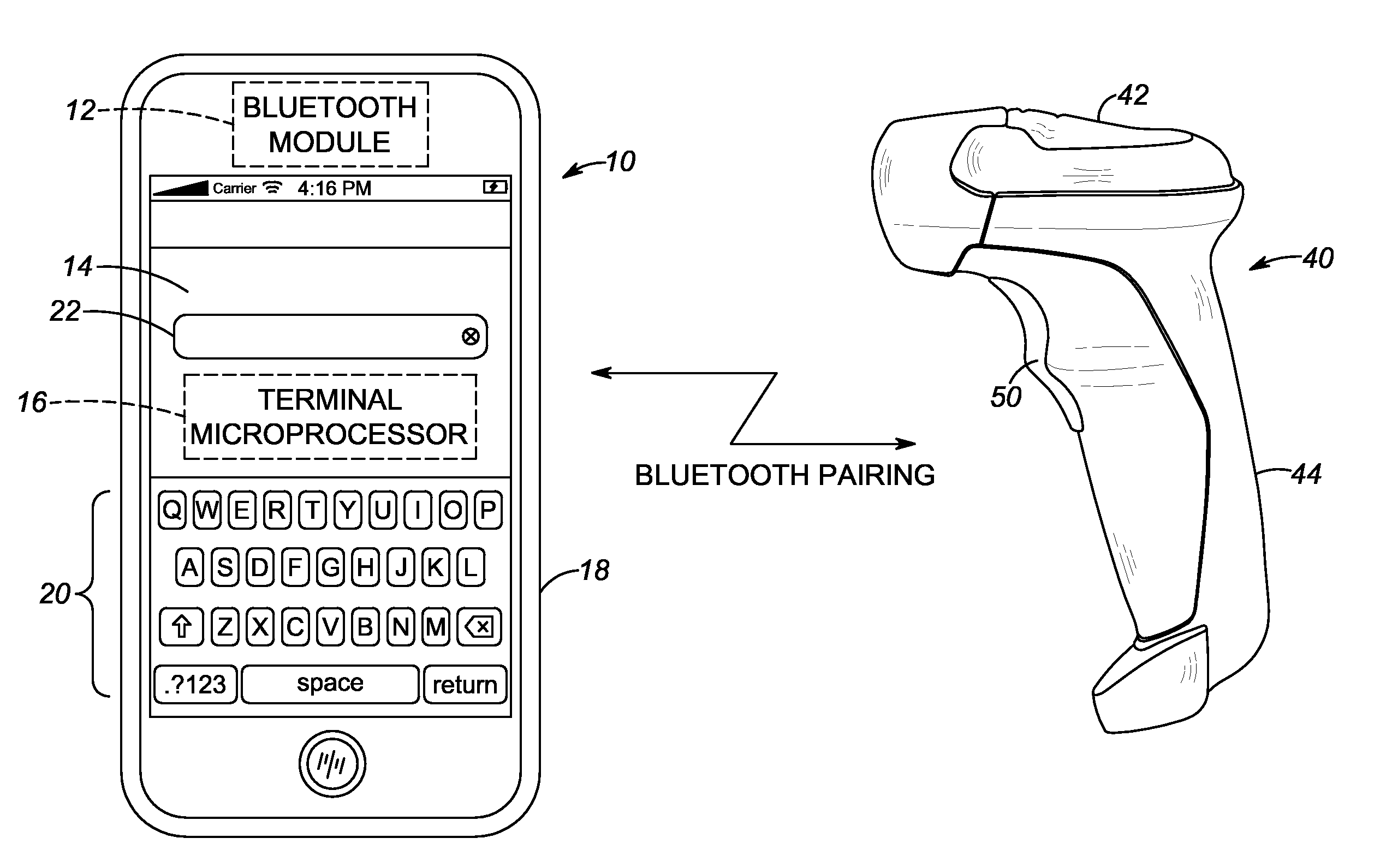 Arrangement for and method of managing a soft keyboard on a mobile terminal connected with a handheld electro-optical reader via a bluetooth(r) paired connection