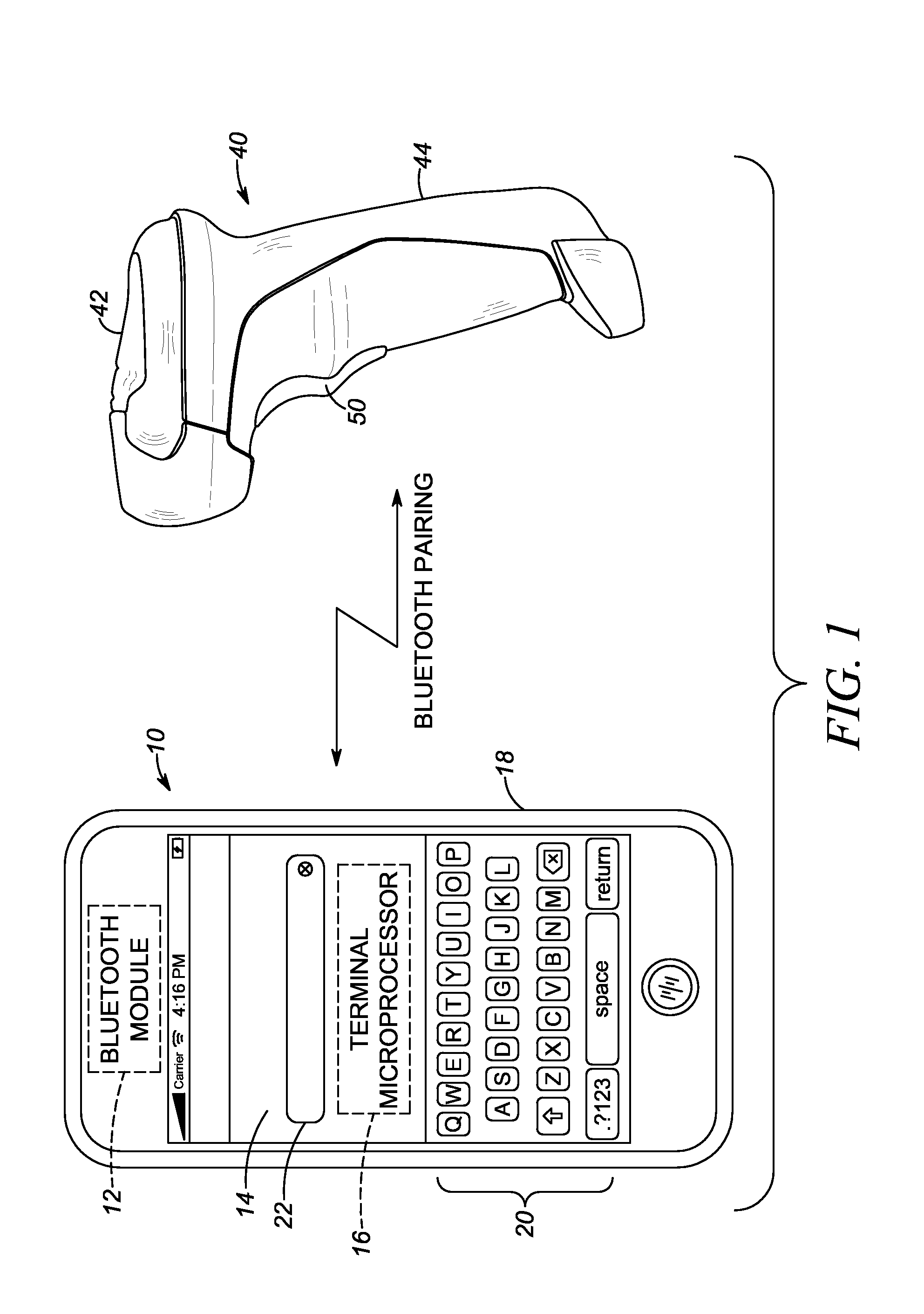 Arrangement for and method of managing a soft keyboard on a mobile terminal connected with a handheld electro-optical reader via a bluetooth(r) paired connection