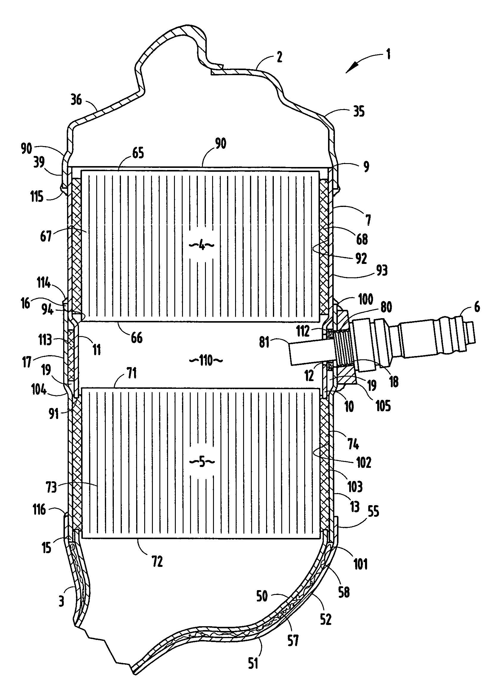 Exhaust gas treatment device with insulated housing construction