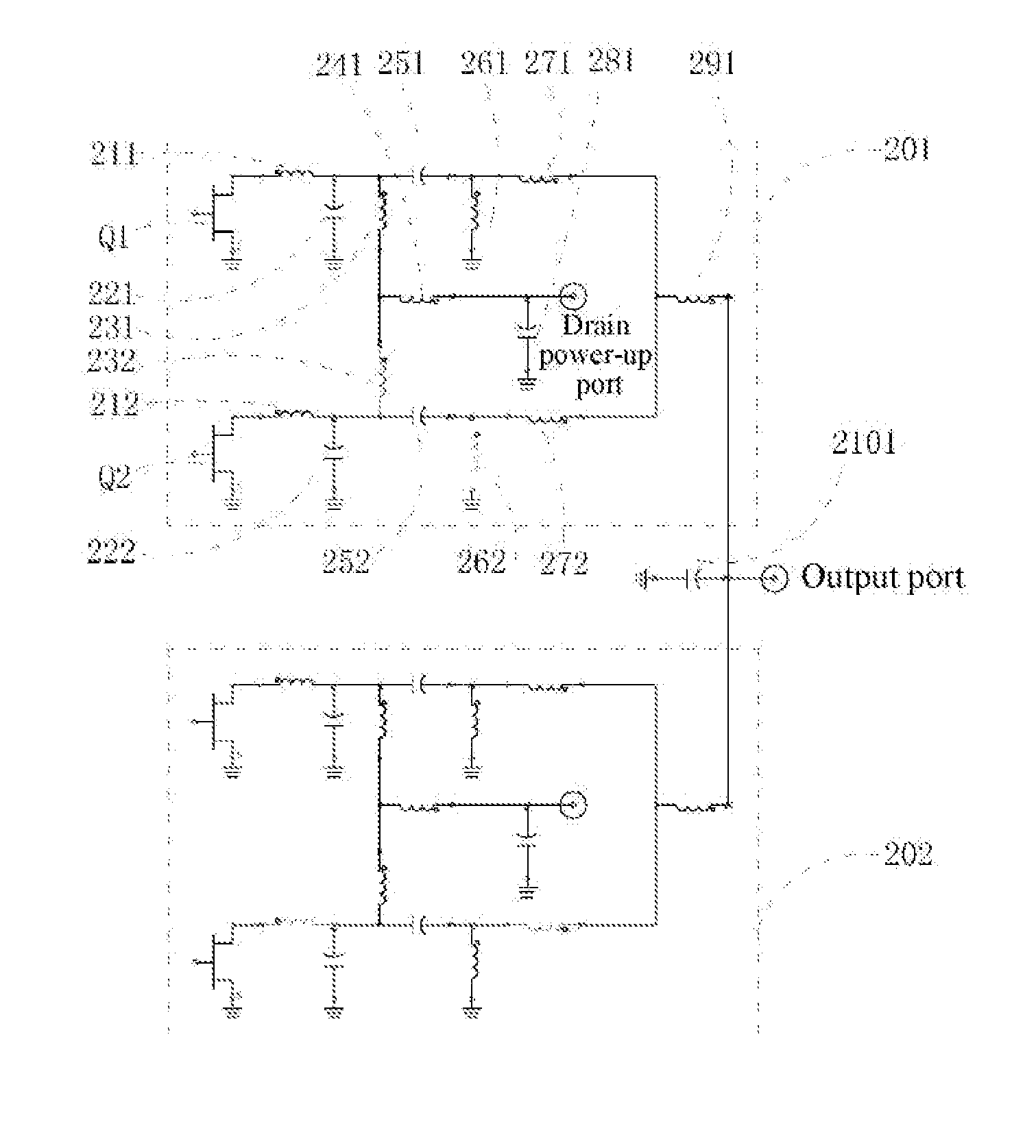 Amplifier circuit with cross wiring of direct-current signals and microwave signals