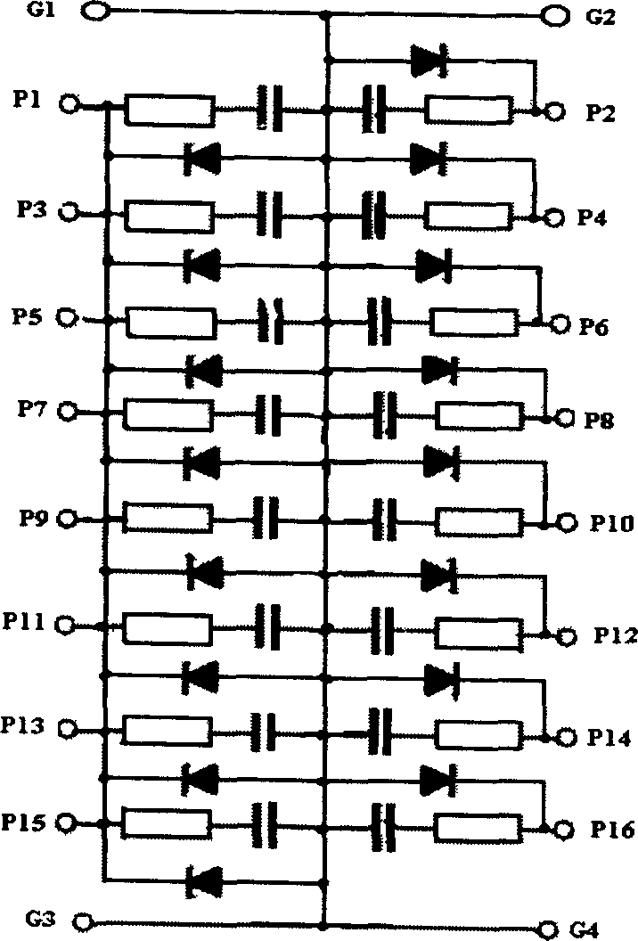 Structure and manufacture of resistance(R) - capacitance(C) - diode(D) network thin-film IC with transverse venting diode