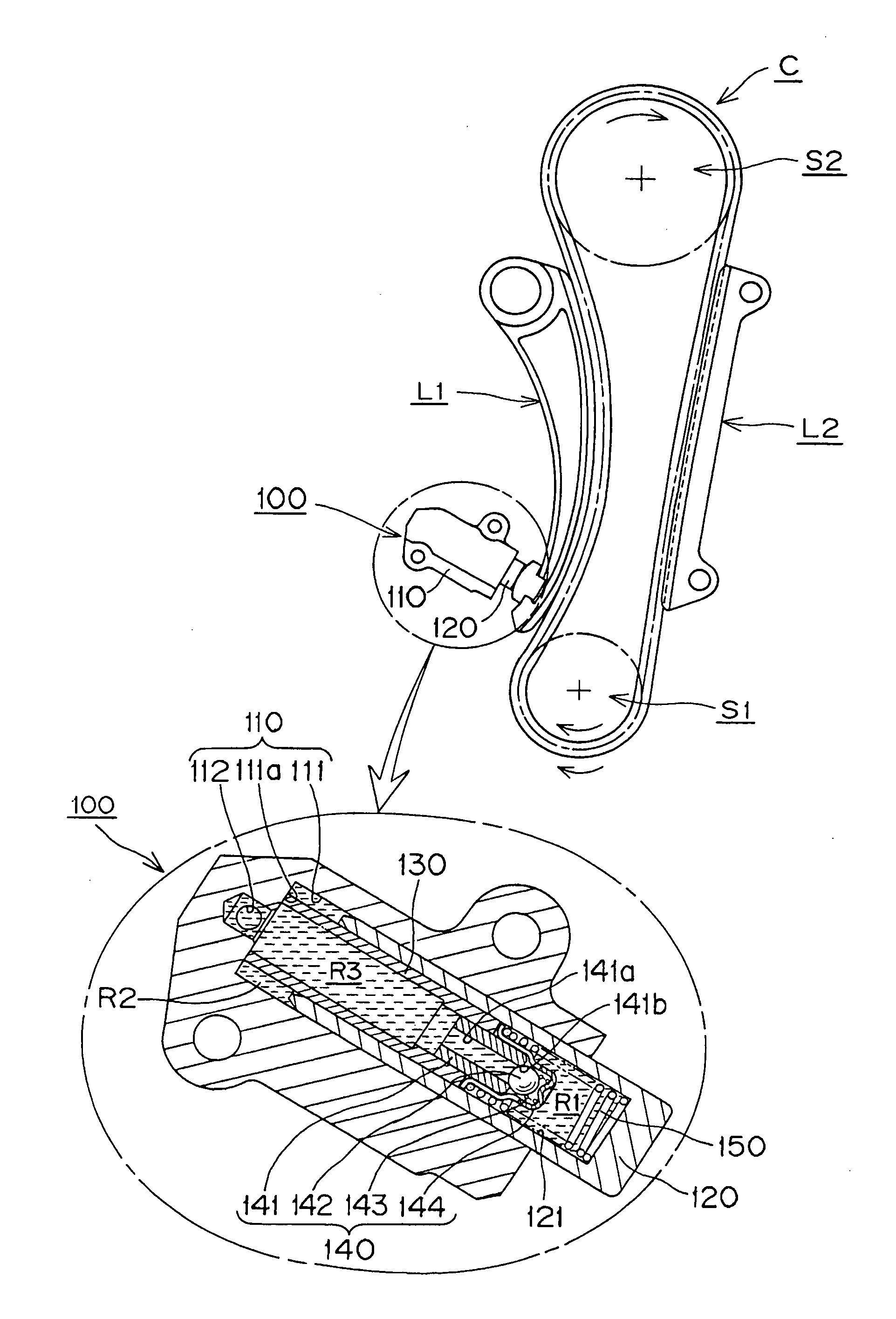 Downward angle settable hydraulic tensioner