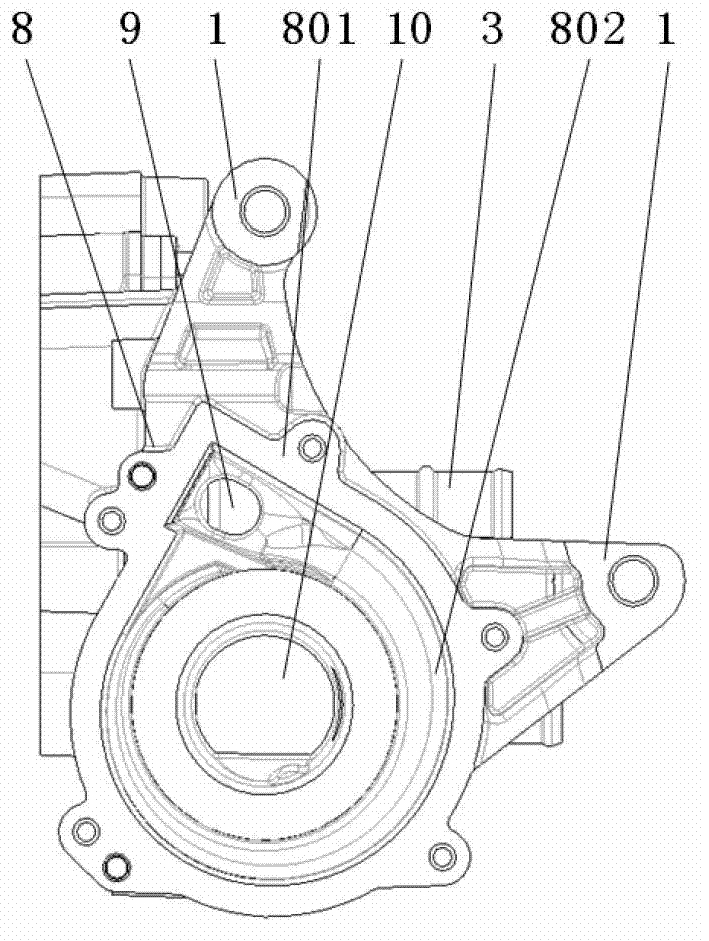 Water pump support where water pump volute is integrated