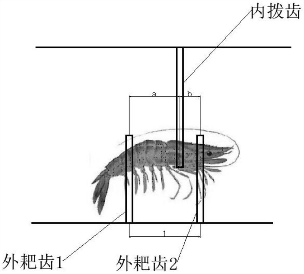 Staggered inner claw tooth type shrimp head removing method and system