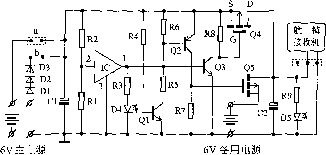 Electronic switching unit without energy consumption for standby power supply of model airplane receiver