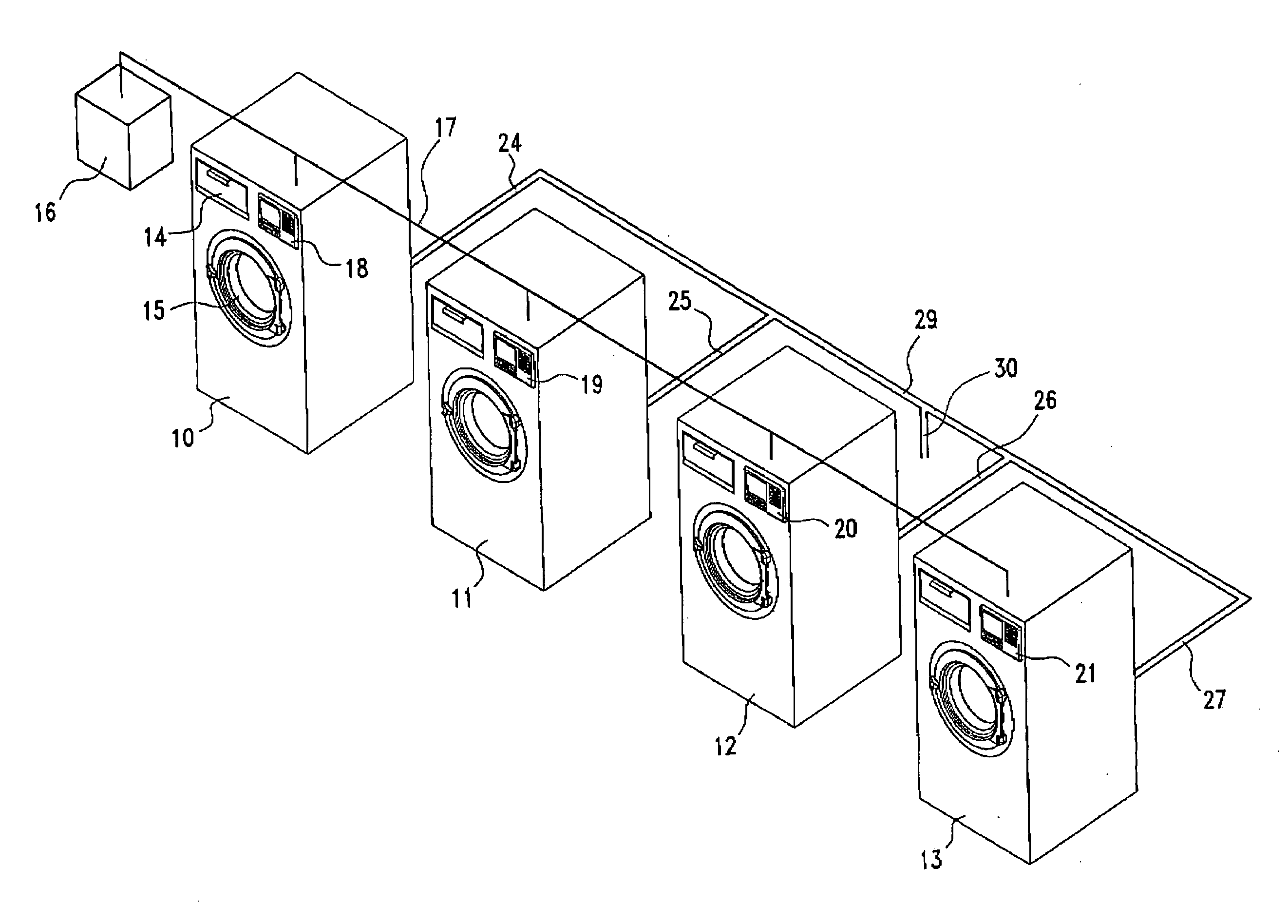 Network and protocol for controlling washing and drying machines which share common utilities