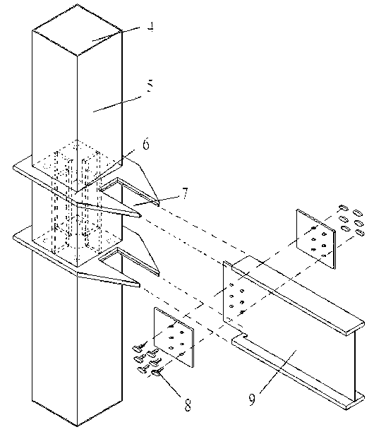 Girder embedding ribbed through partition square concrete filled steel ...